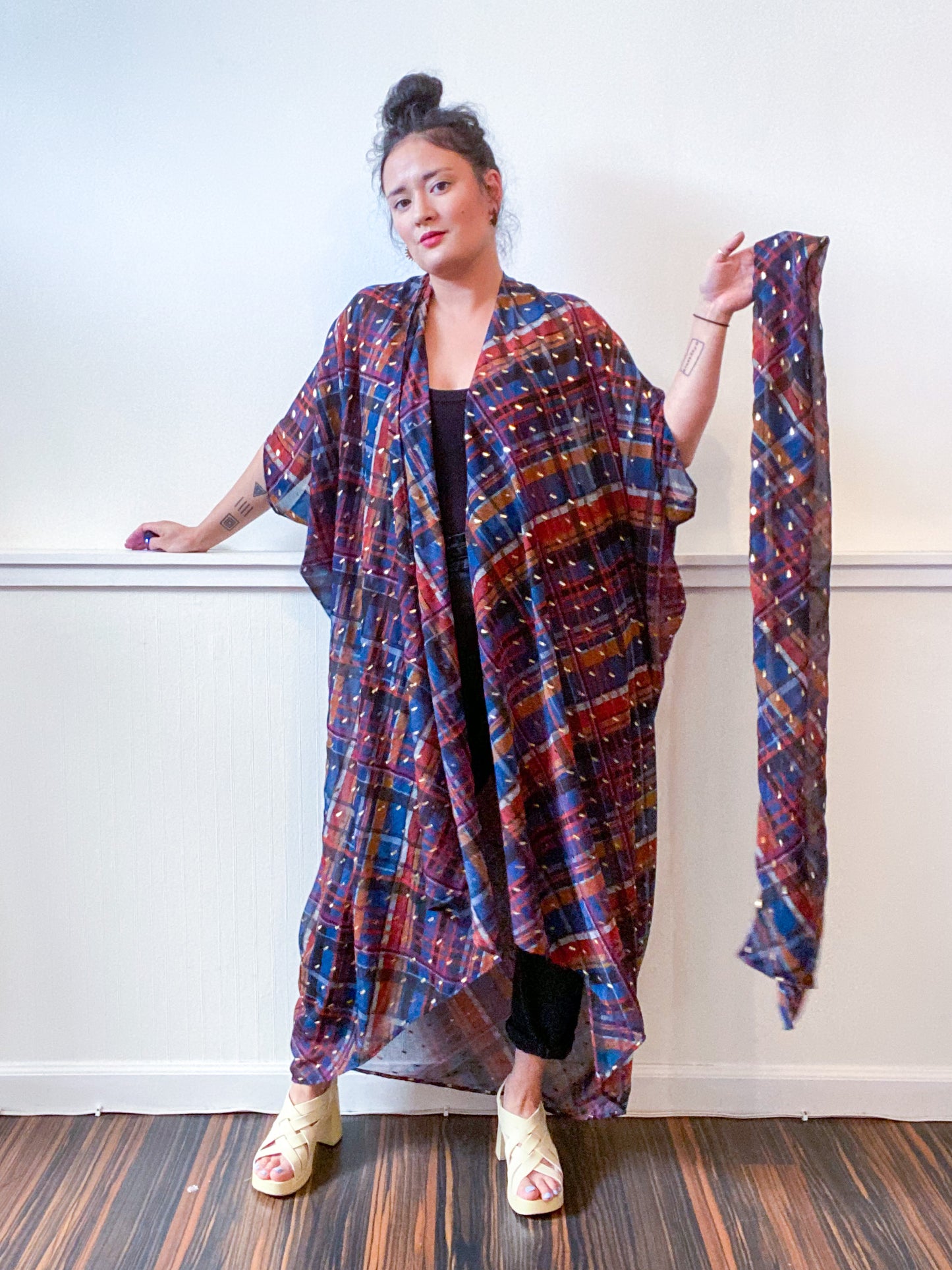 Print High Low Kimono Navy Gold Plaid Chiffon