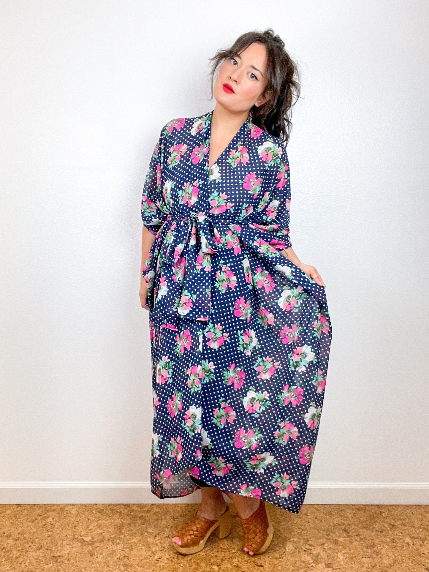 Print High Low Kimono Navy Floral Dots Chiffon
