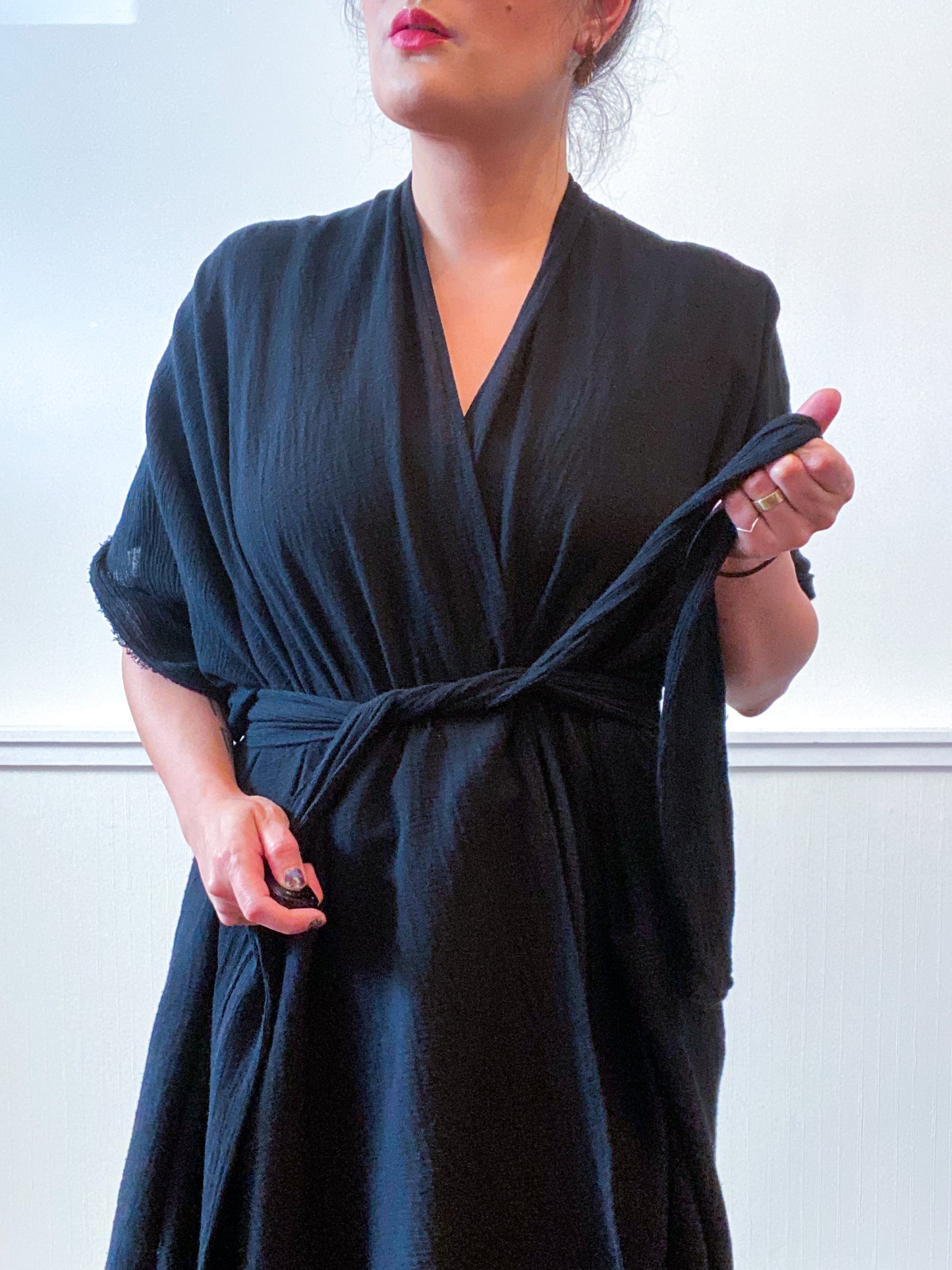 Solid High Low Kimono Black Cotton Gauze