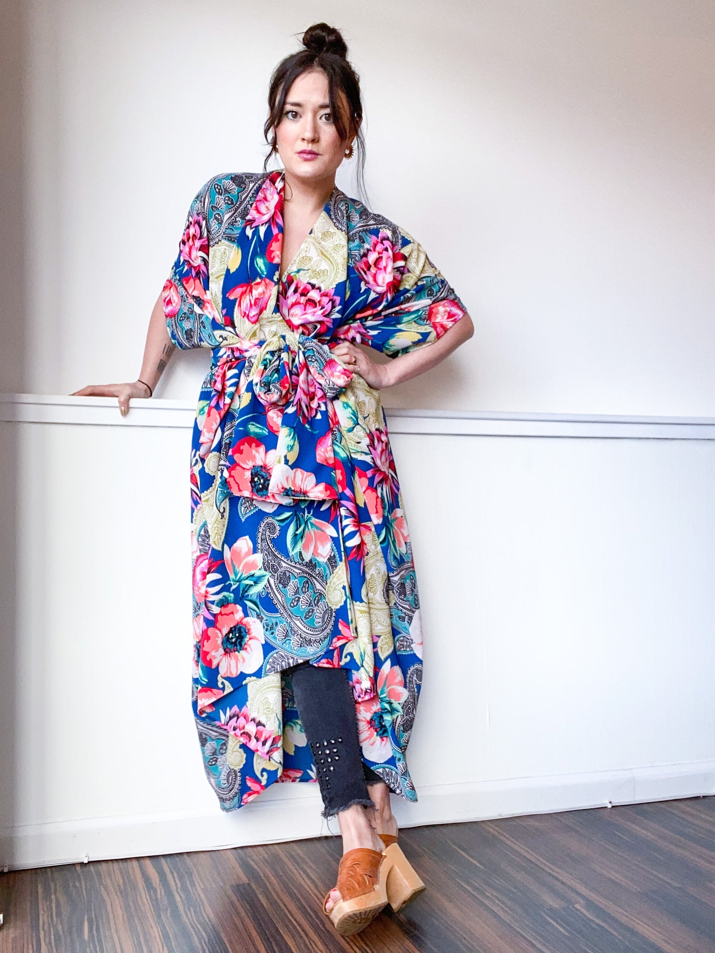 Print High Low Kimono Blue Paisley