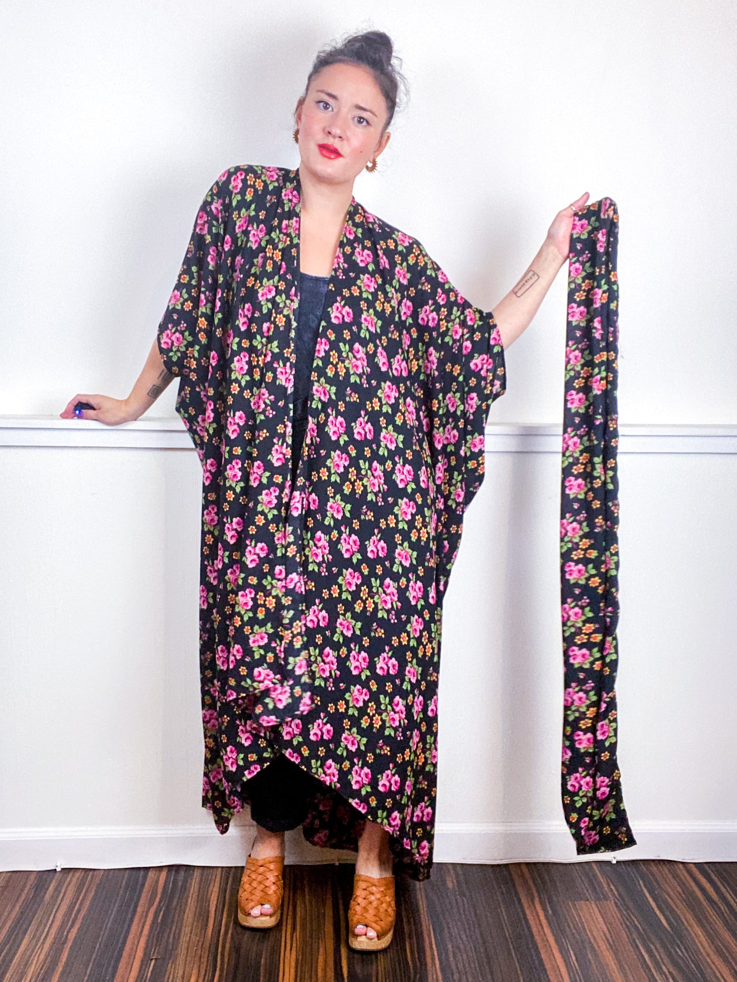 Print High Low Kimono Aqua Pink Green Black Floral Georgette