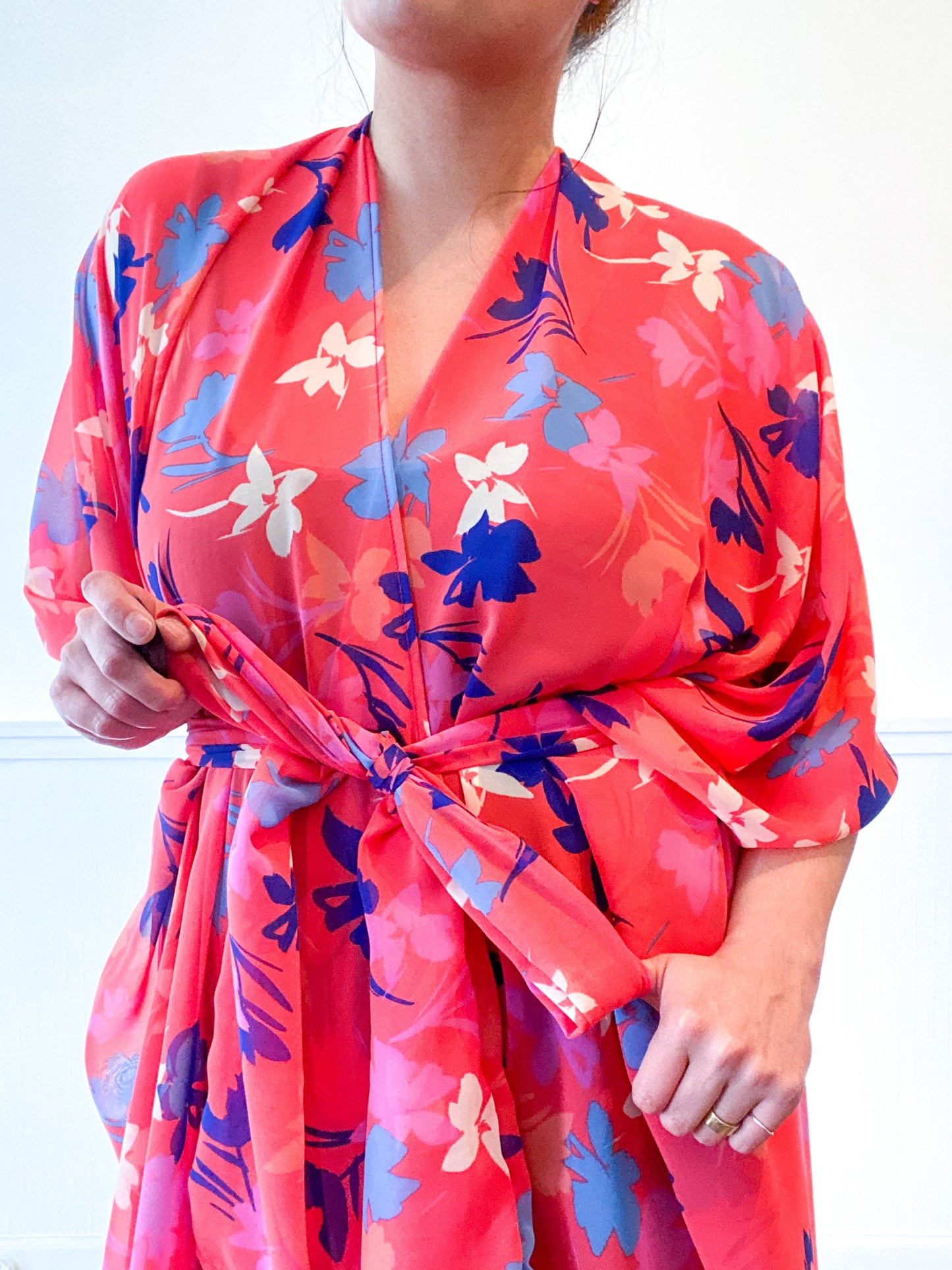 Print High Low Kimono Coral Floral Chiffon