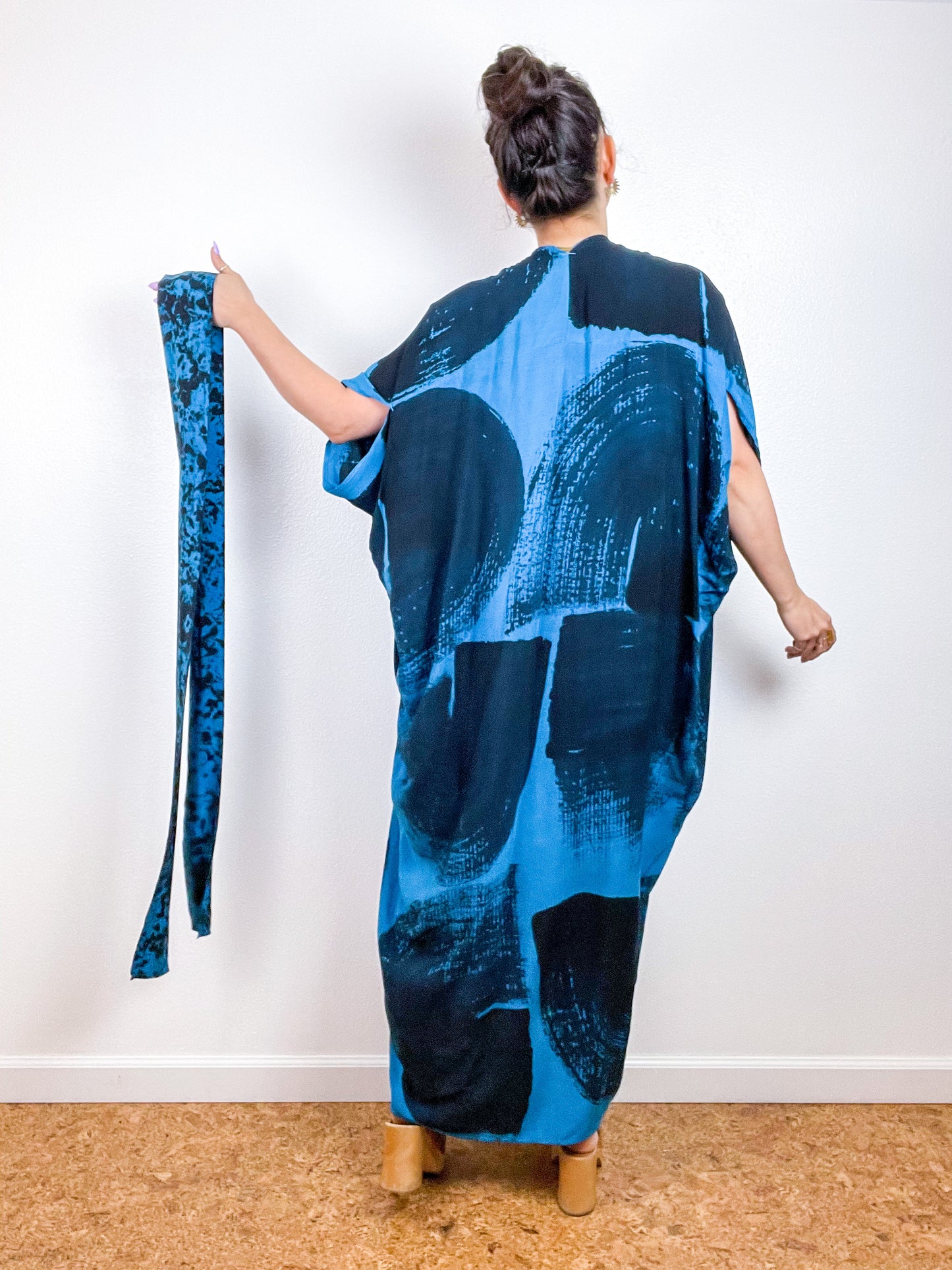 Hand-Dyed High Low Kimono Turquoise Black Brushstroke