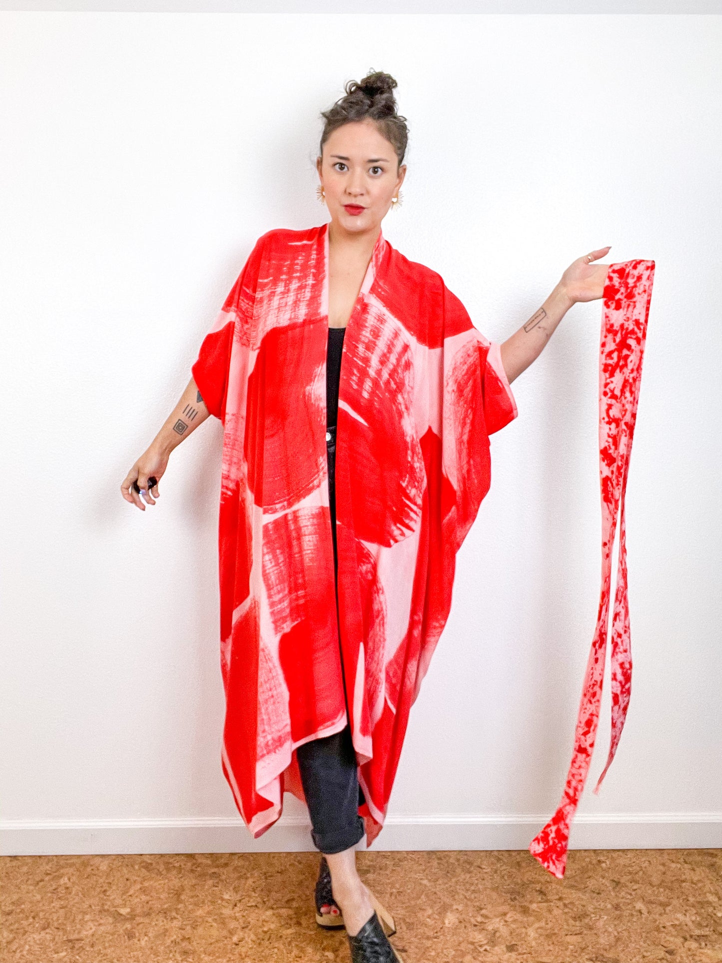 Hand-Dyed High Low Kimono Blush Scarlet Brushstroke
