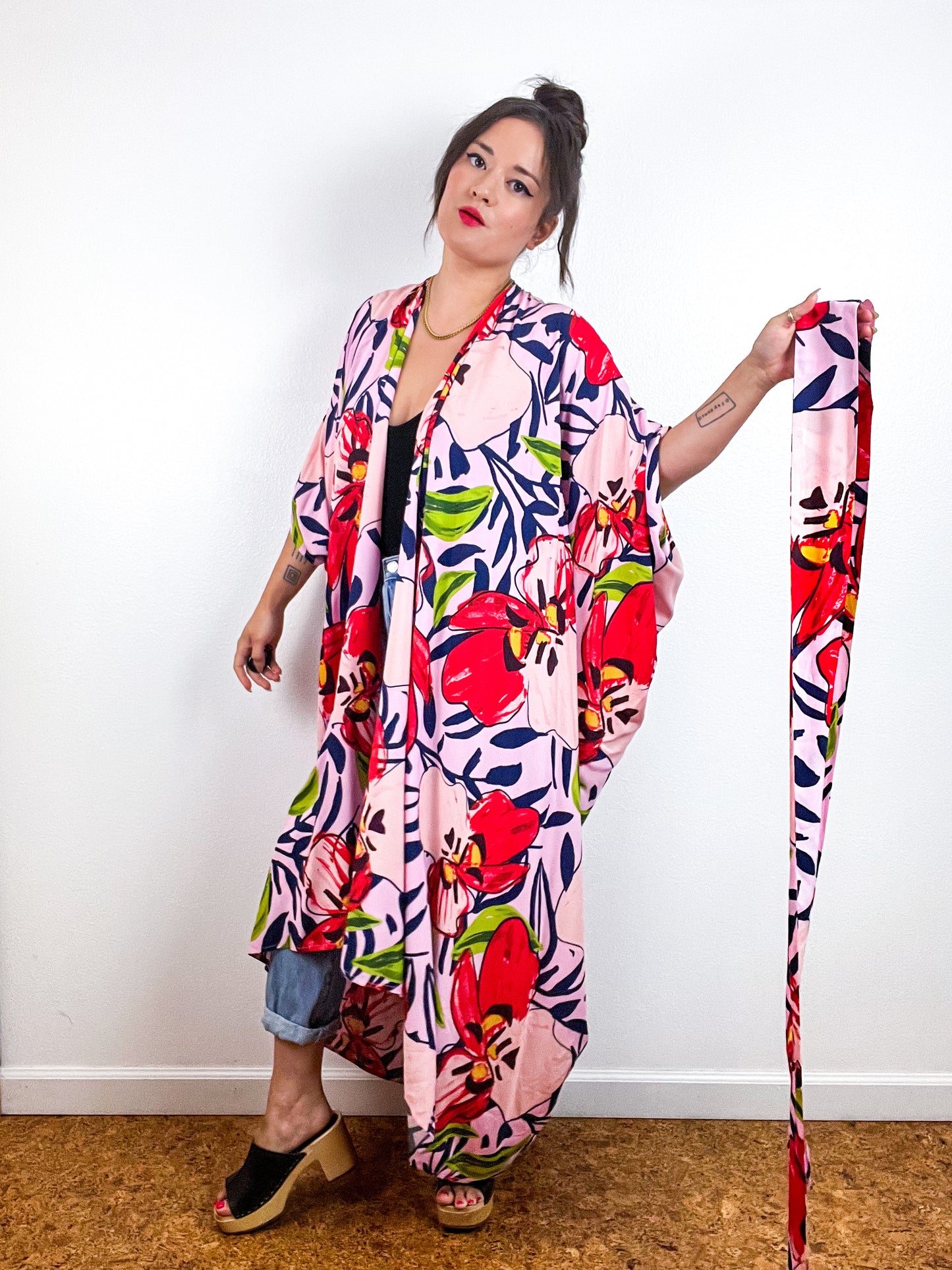 Print High Low Kimono Pink Painterly Orchids Challis