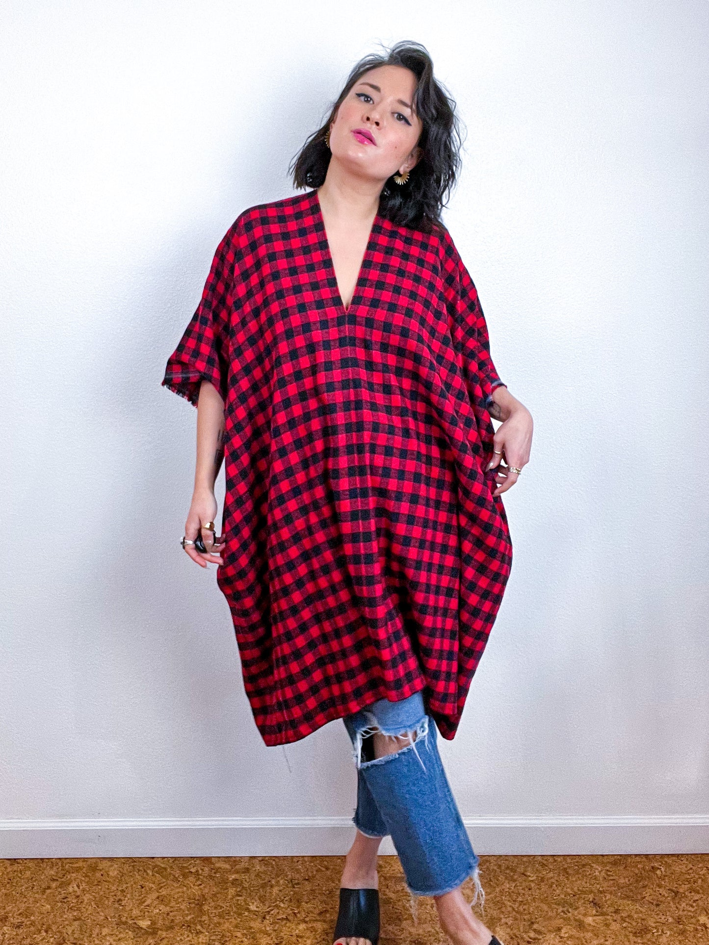 Plaid Oversized Smock Dress Red Black Check