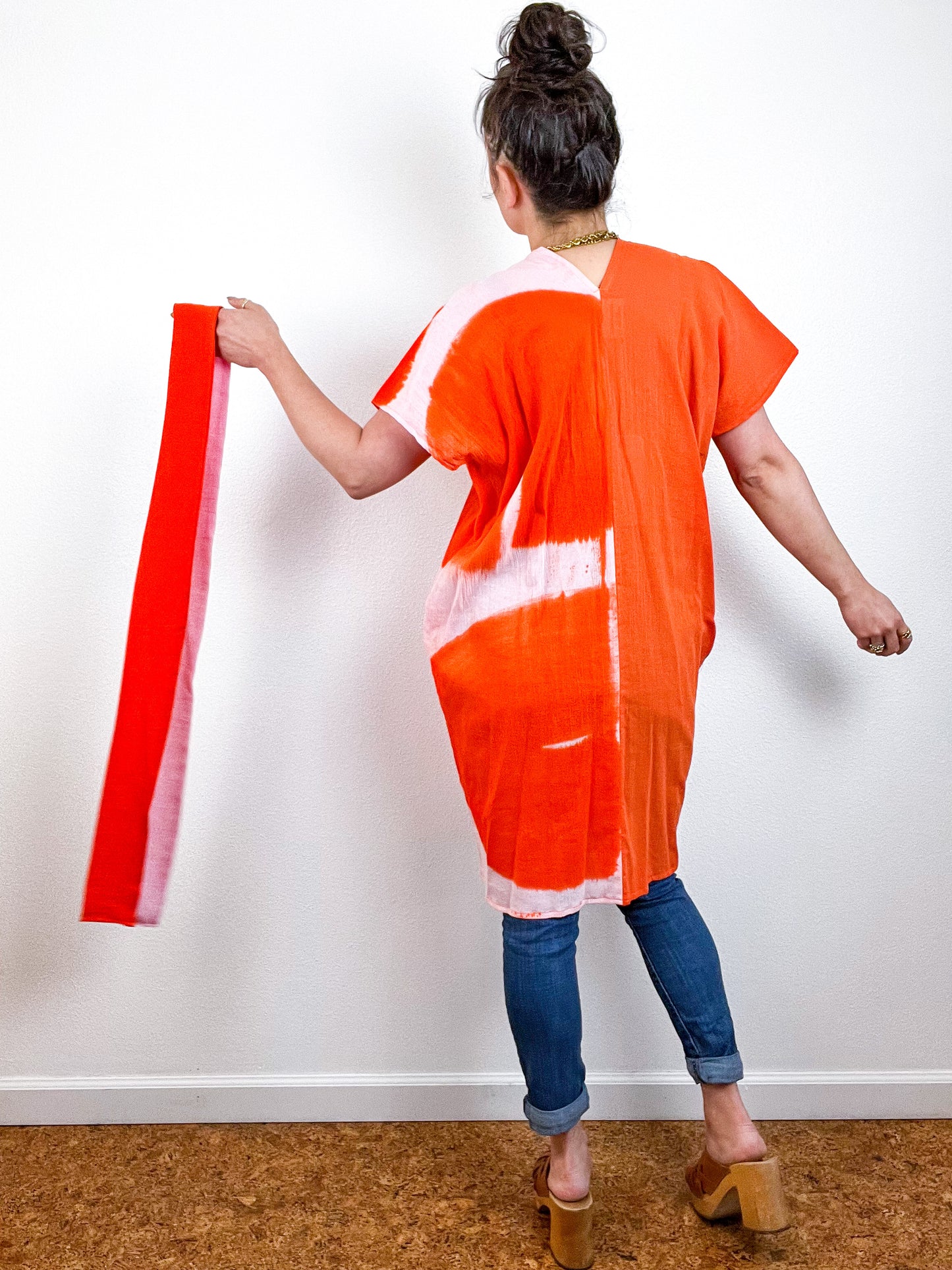 Single Gauze Mini Caftan Dress Blush Tangerine Brushstrokes