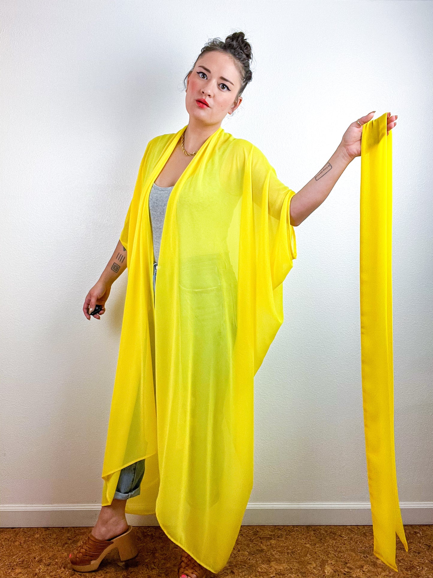 Solid High Low Kimono Daffodil Chiffon