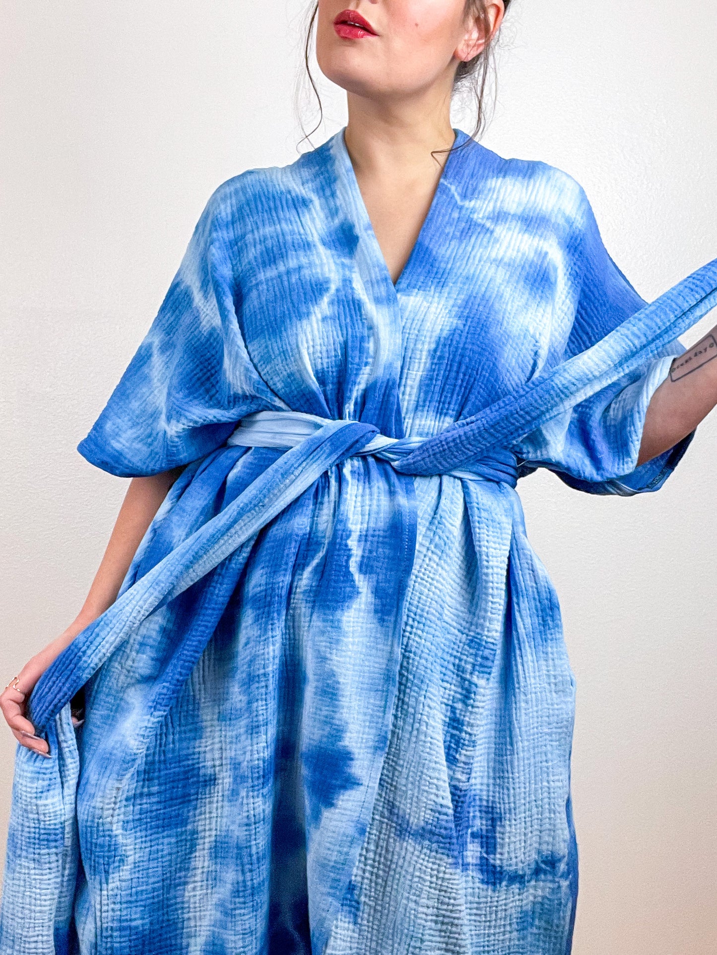 Double Gauze Duster Kimono Cerulean Tie