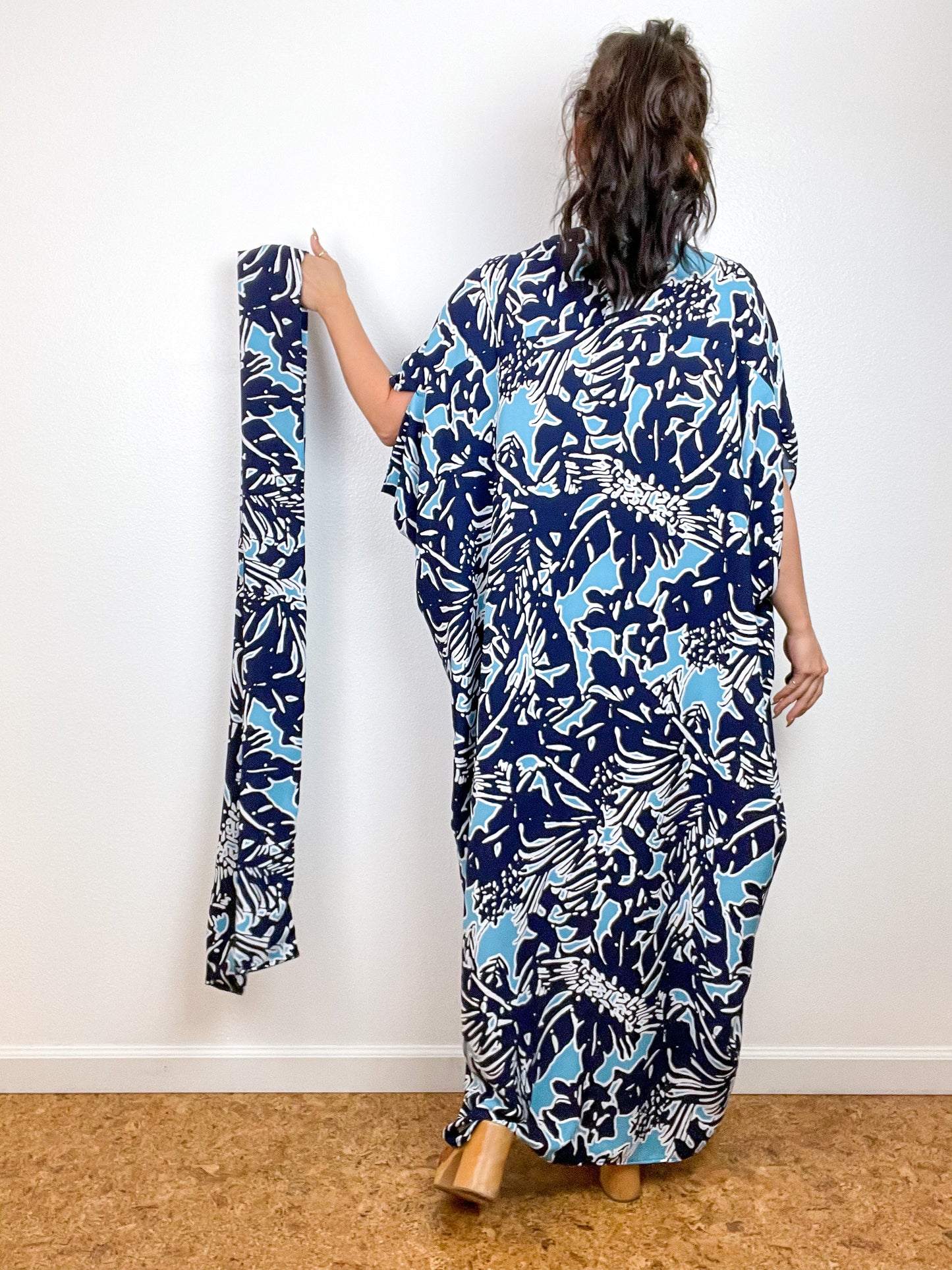 Print High Low Kimono Blue Tropical Slinky Crepe