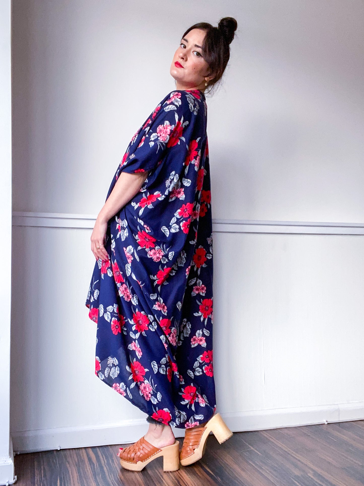 Print High Low Kimono Navy Red Floral