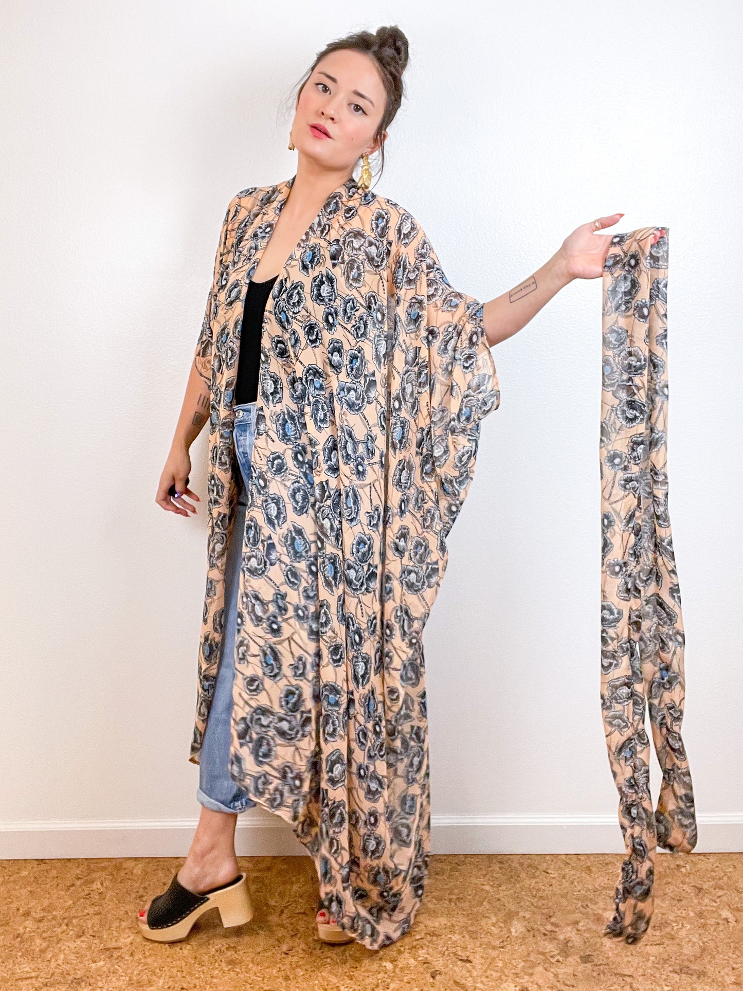 Print High Low Kimono Peach Poppy Floral Chiffon