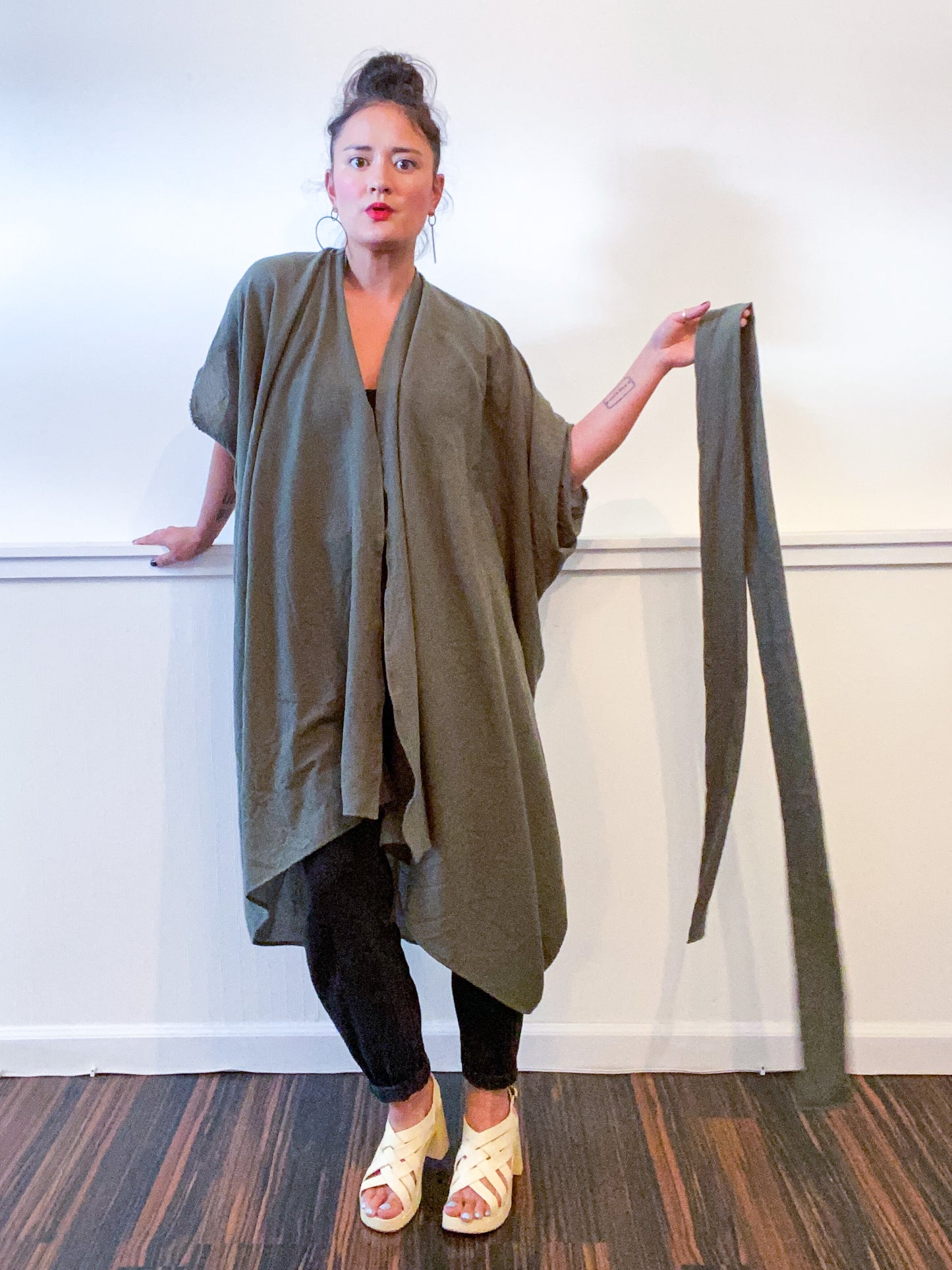 Solid High Low Kimono Army Green Cotton Gauze