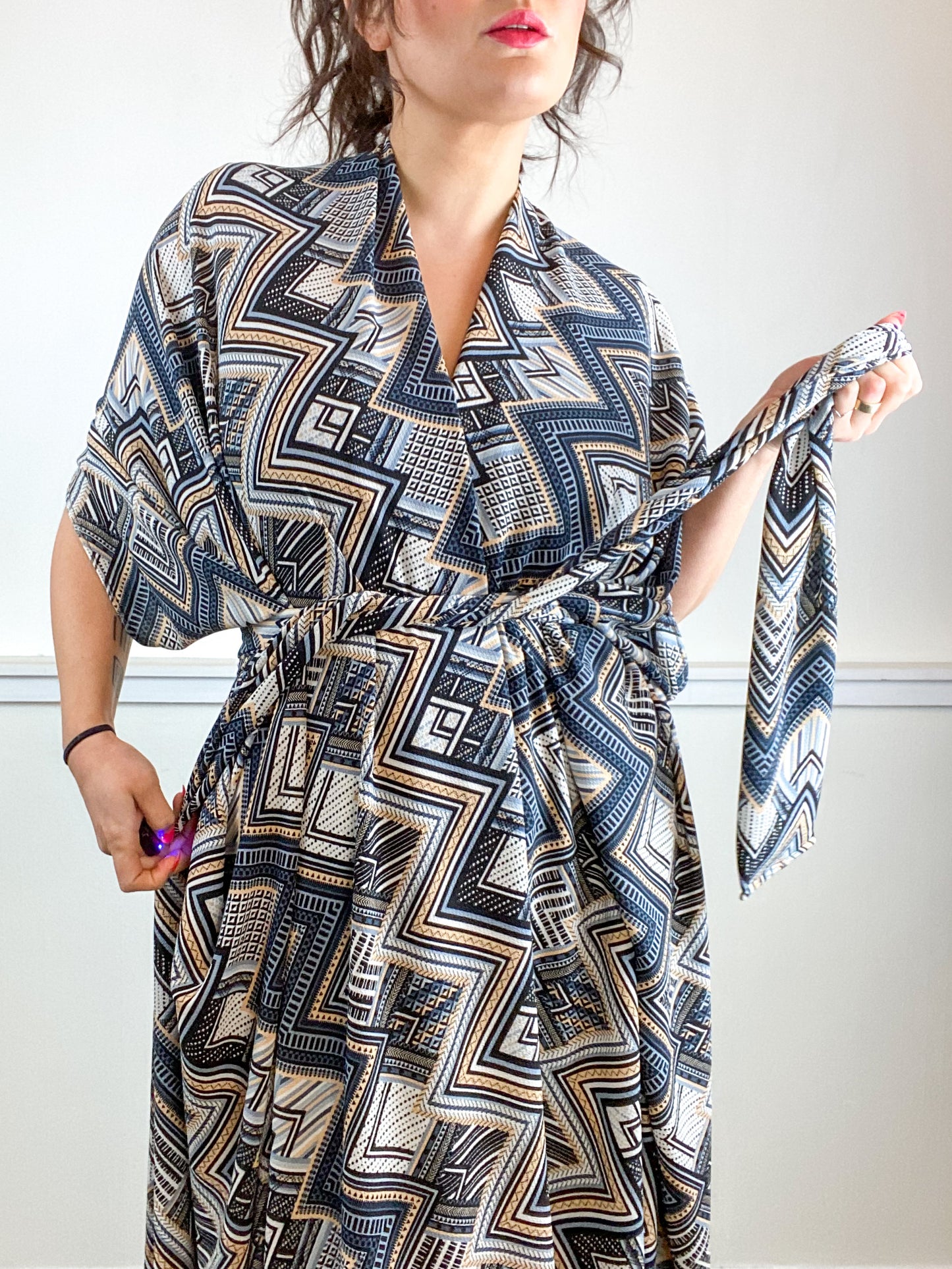 Print High Low Kimono Deco Bubble Crepe