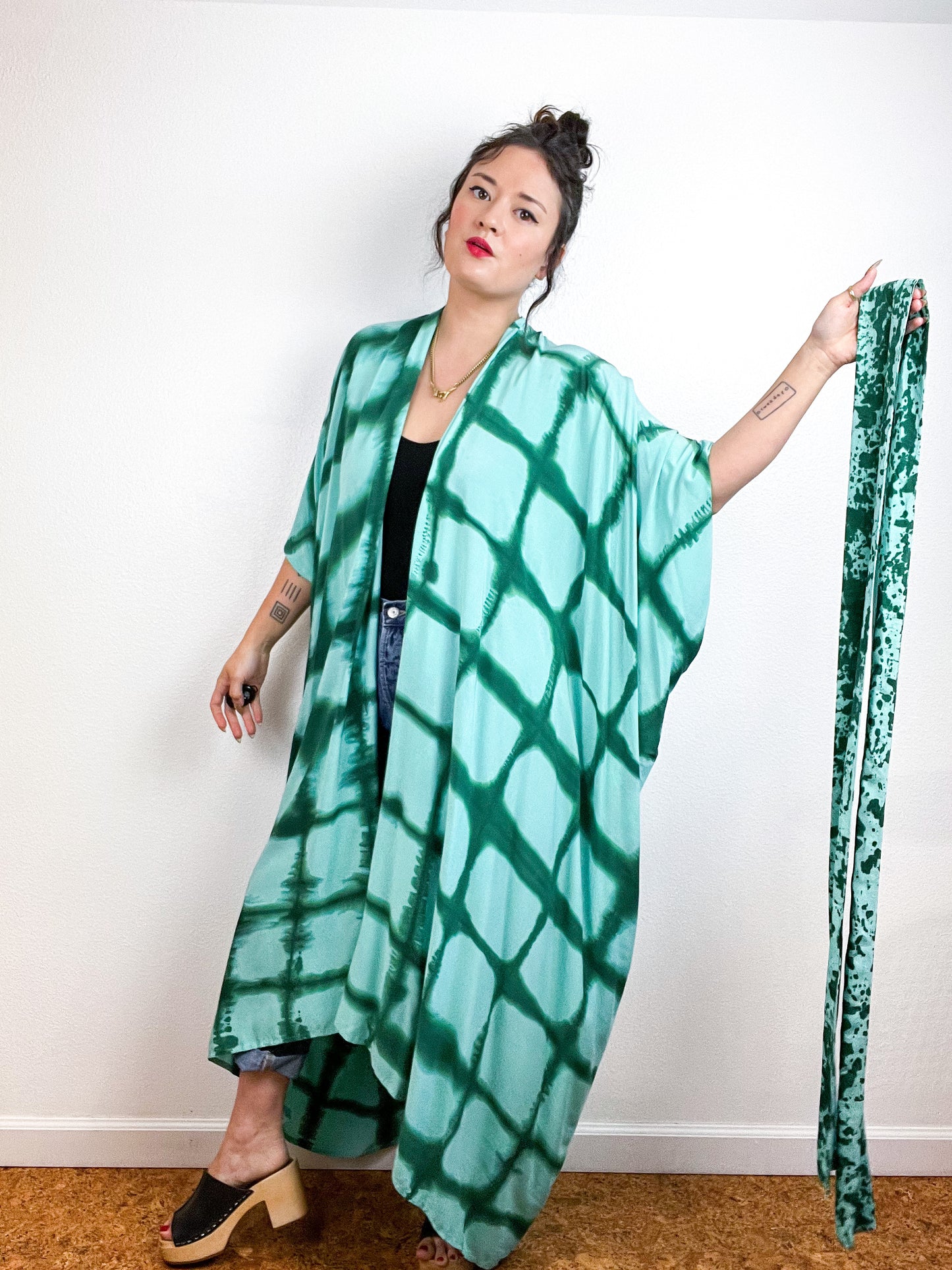 Hand-Dyed High Low Kimono Aqua Forest Windowpane