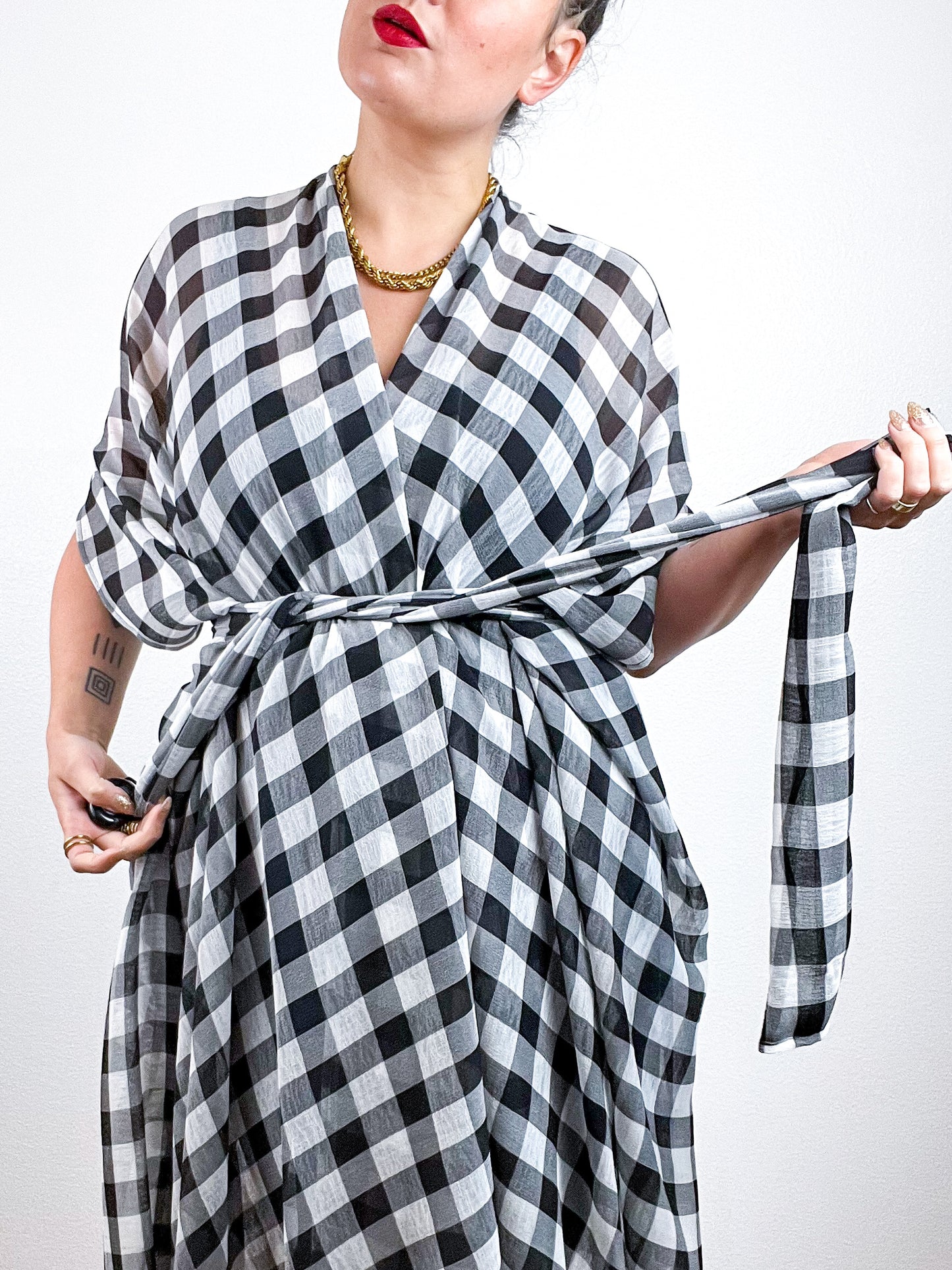 Print High Low Kimono Black White Buffalo Crinkle Chiffon