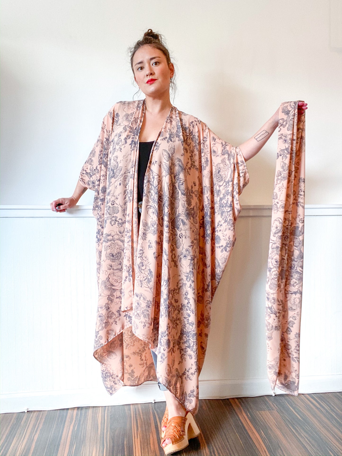 Print High Low Kimono Blush Sketched Floral