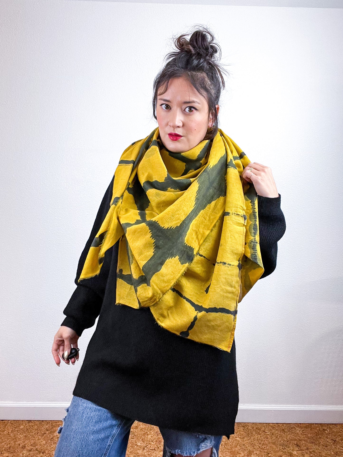 Hand-Dyed Cotton Voile Scarf Marigold Black Windowpane