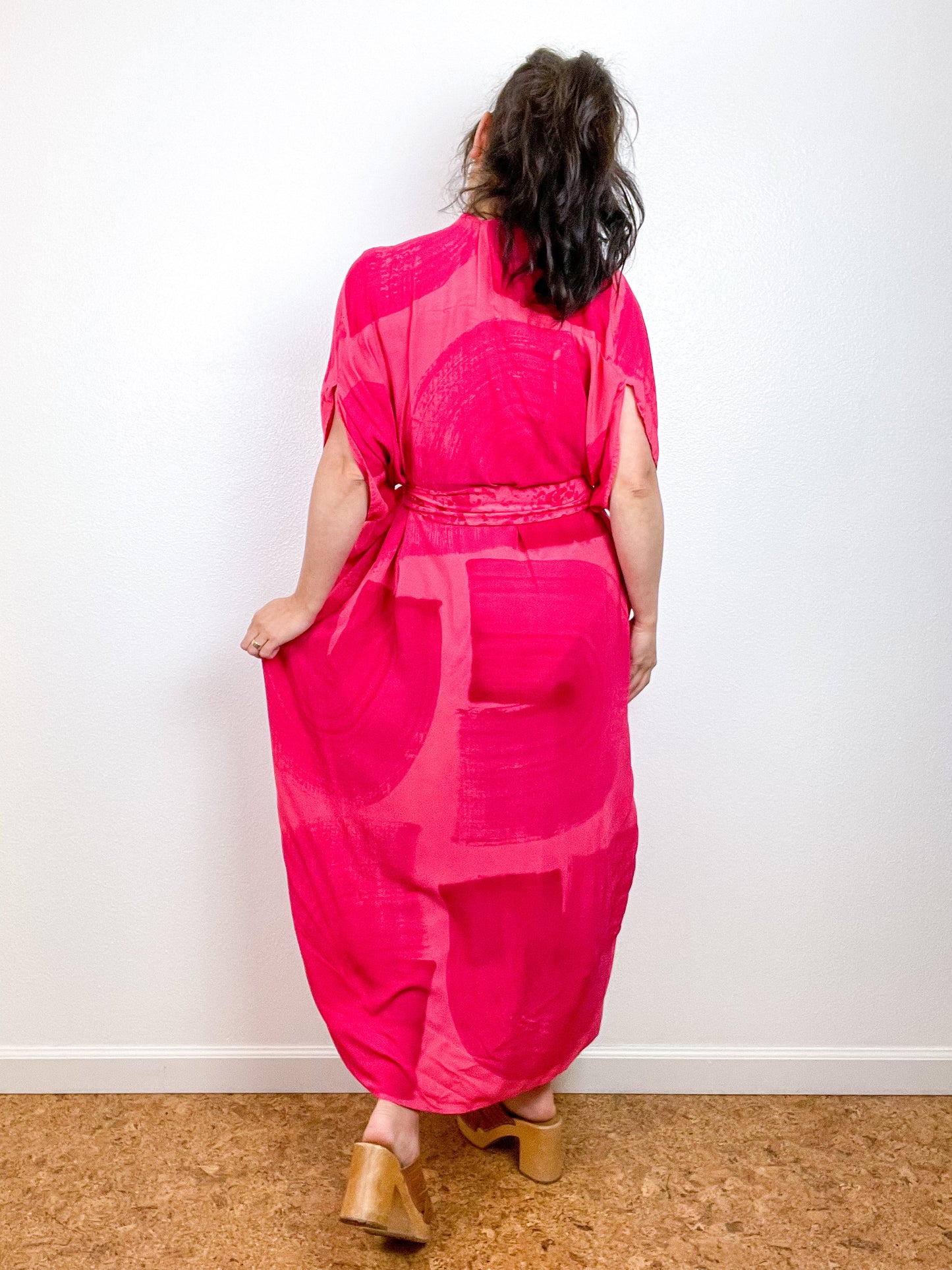 Hand-Dyed High Low Kimono Coral Fuchsia Brushstroke