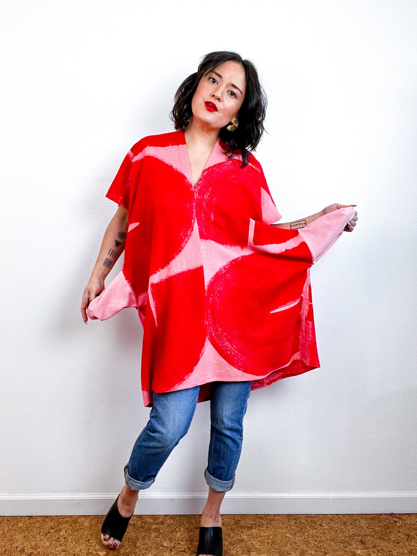 Hand-Dyed Mini Smock Dress Coral Scarlet Brush