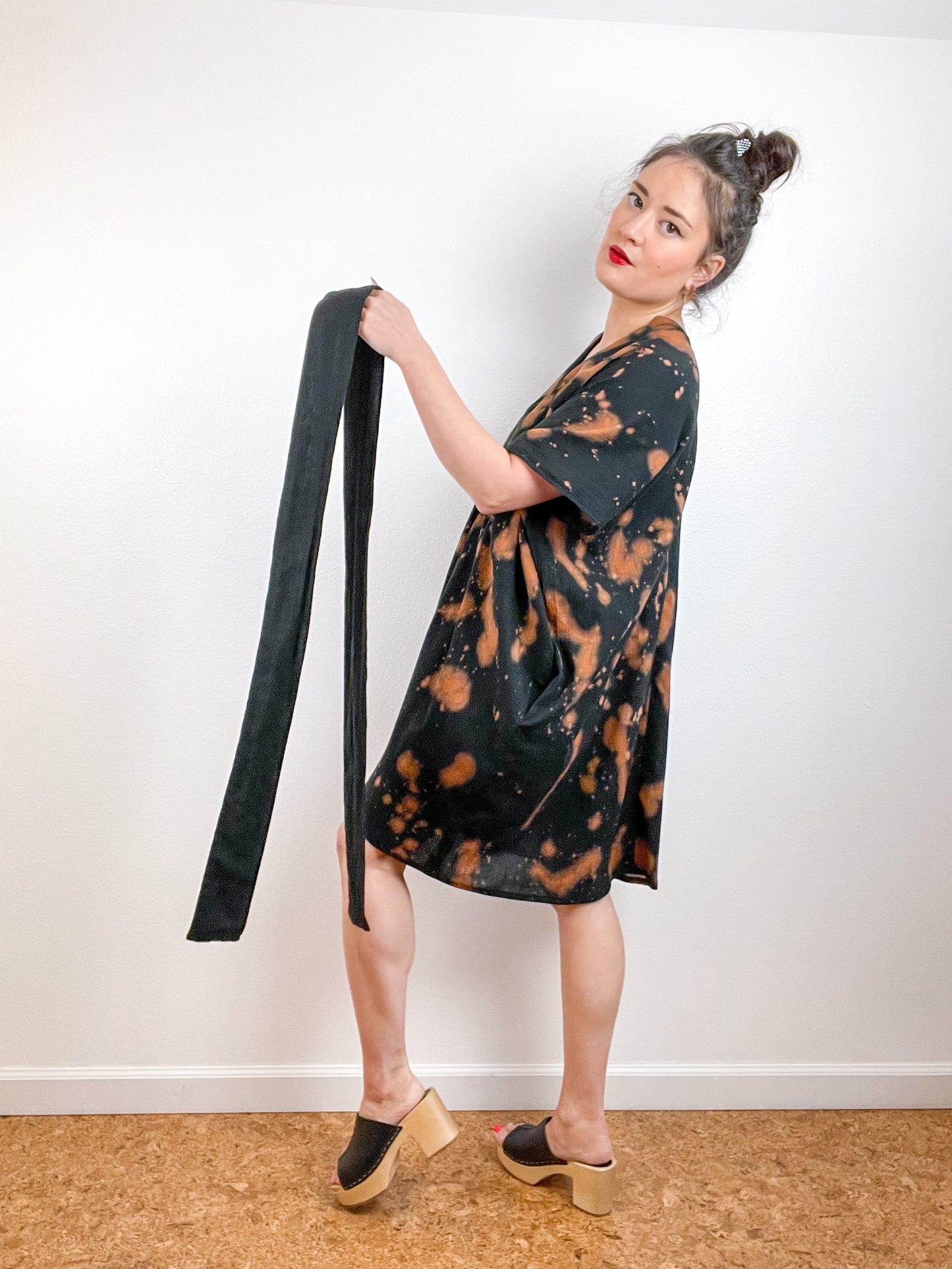 Single Gauze Mini Caftan Dress Black Rust