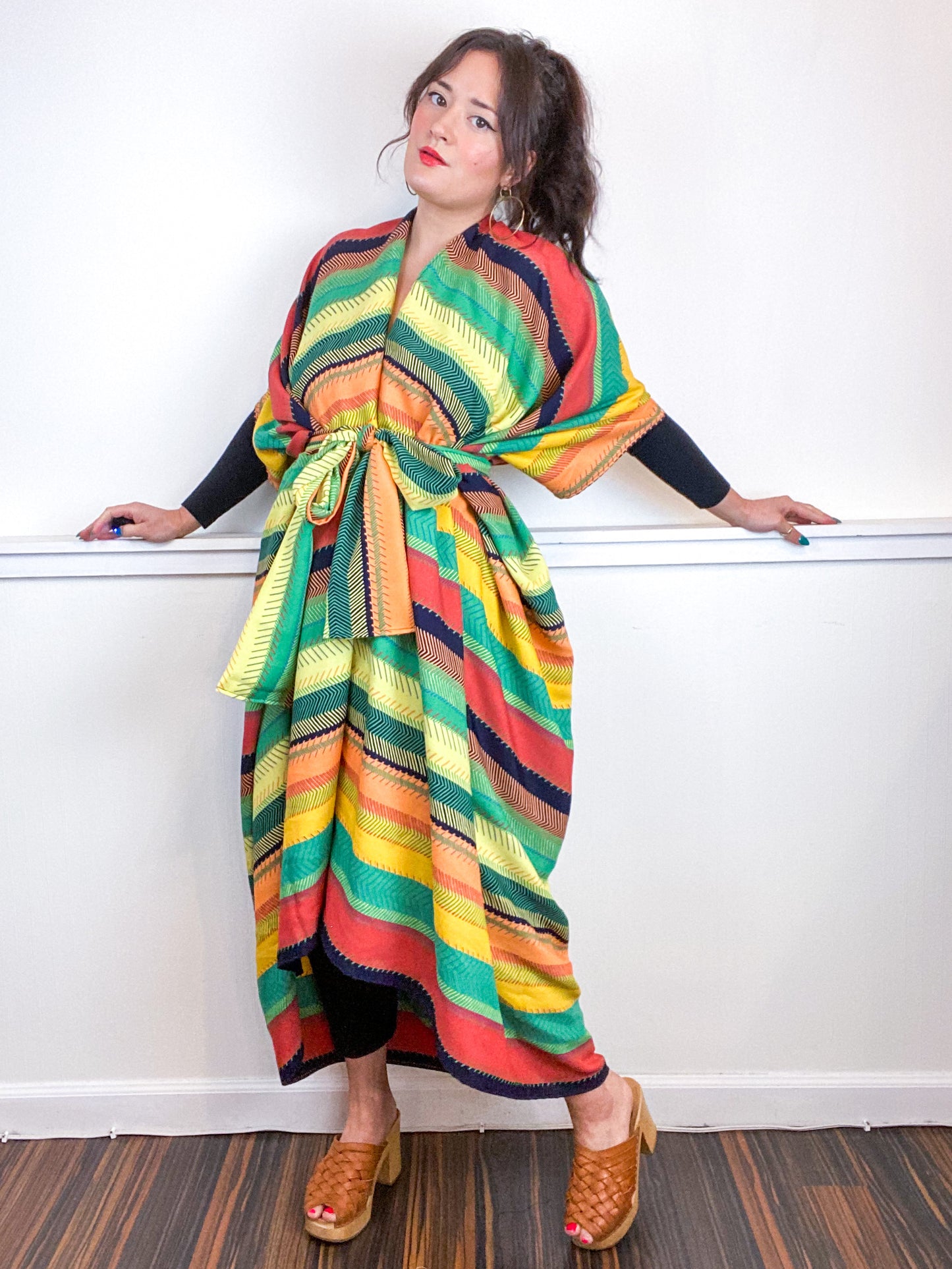 Print High Low Kimono Stitch Stripe Crepe De Chine