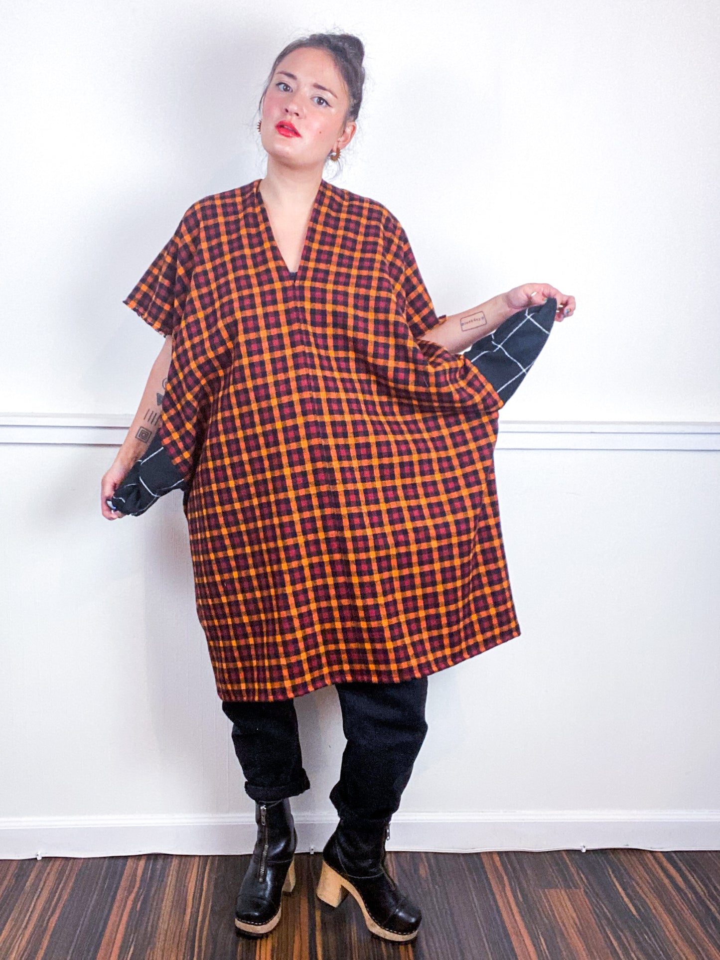 Plaid Smock Dress Orange Maroon Check