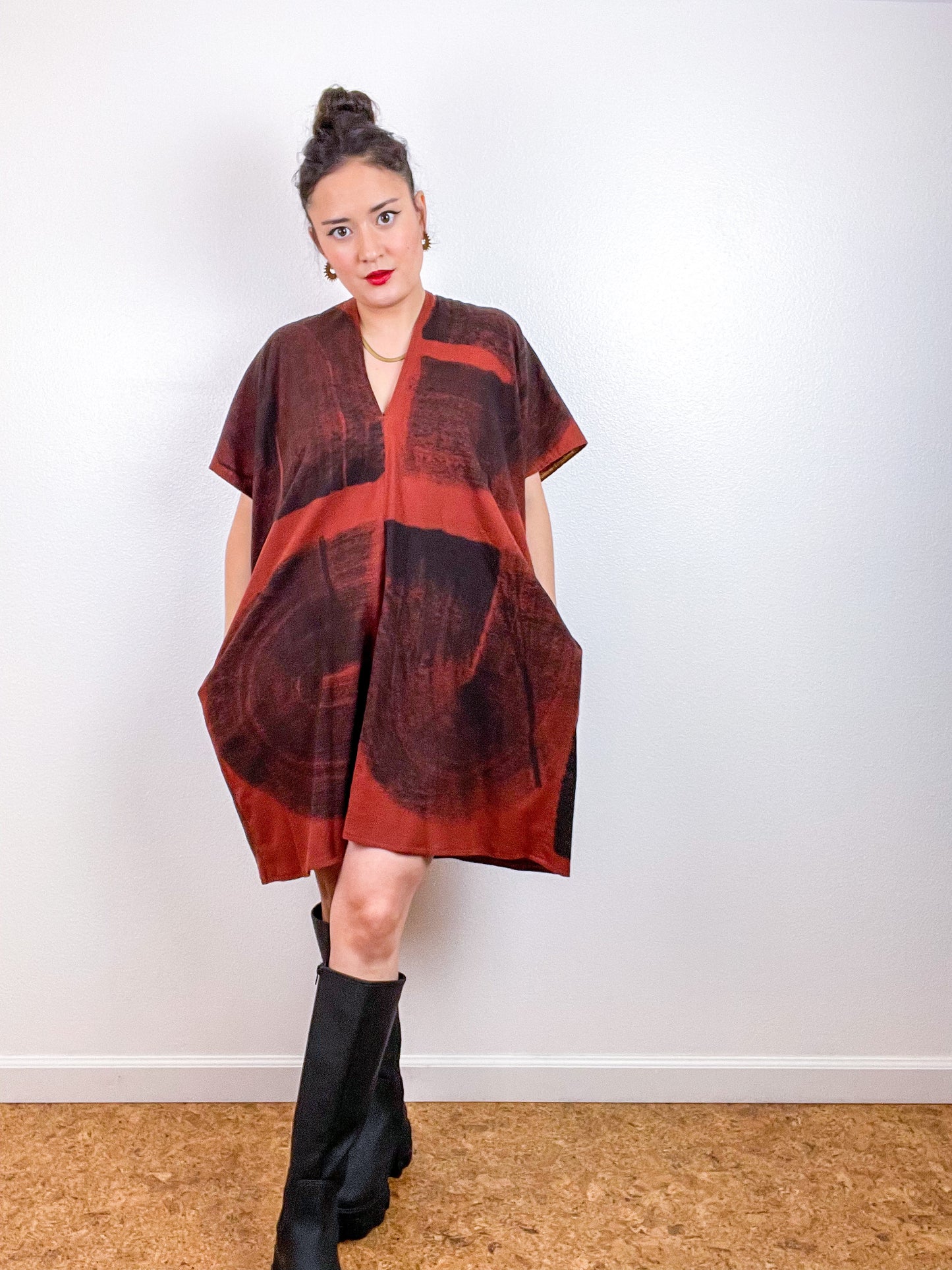 Hand-Dyed Flannel Smock Dress Rust Brushstrokes