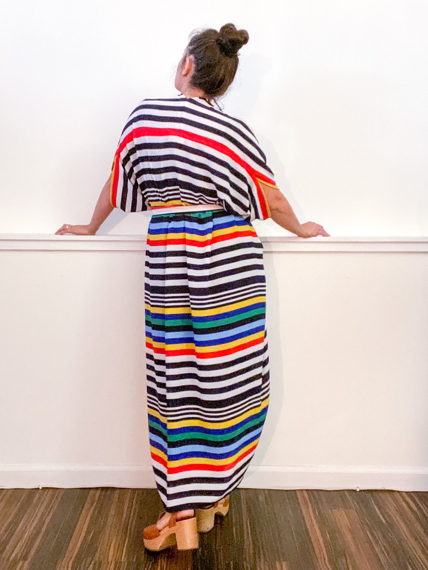 Print High Low Kimono Primary Stripe Bubble Crepe