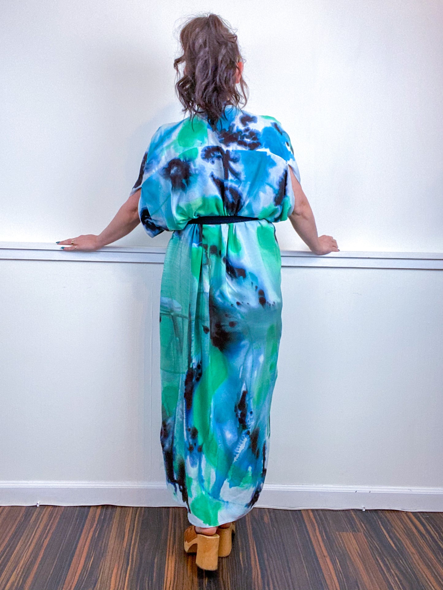 OOAK Hand-Dyed High Low Kimono Green Blue Watercolor Brushstroke