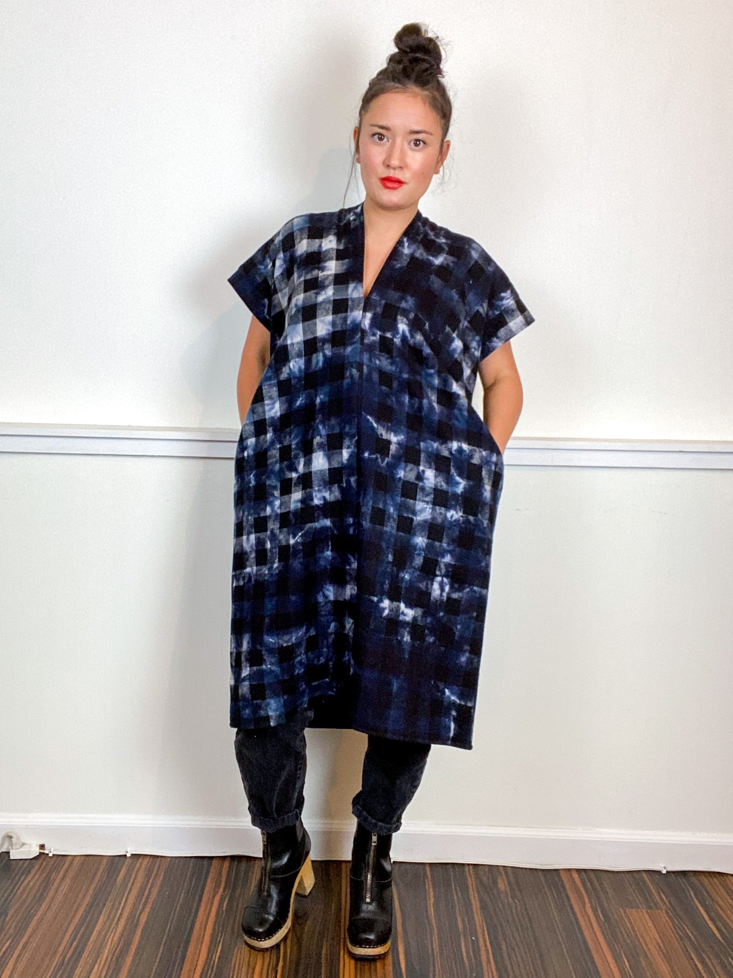 Over-Dye Plaid Smock Dress Black White Buffalo