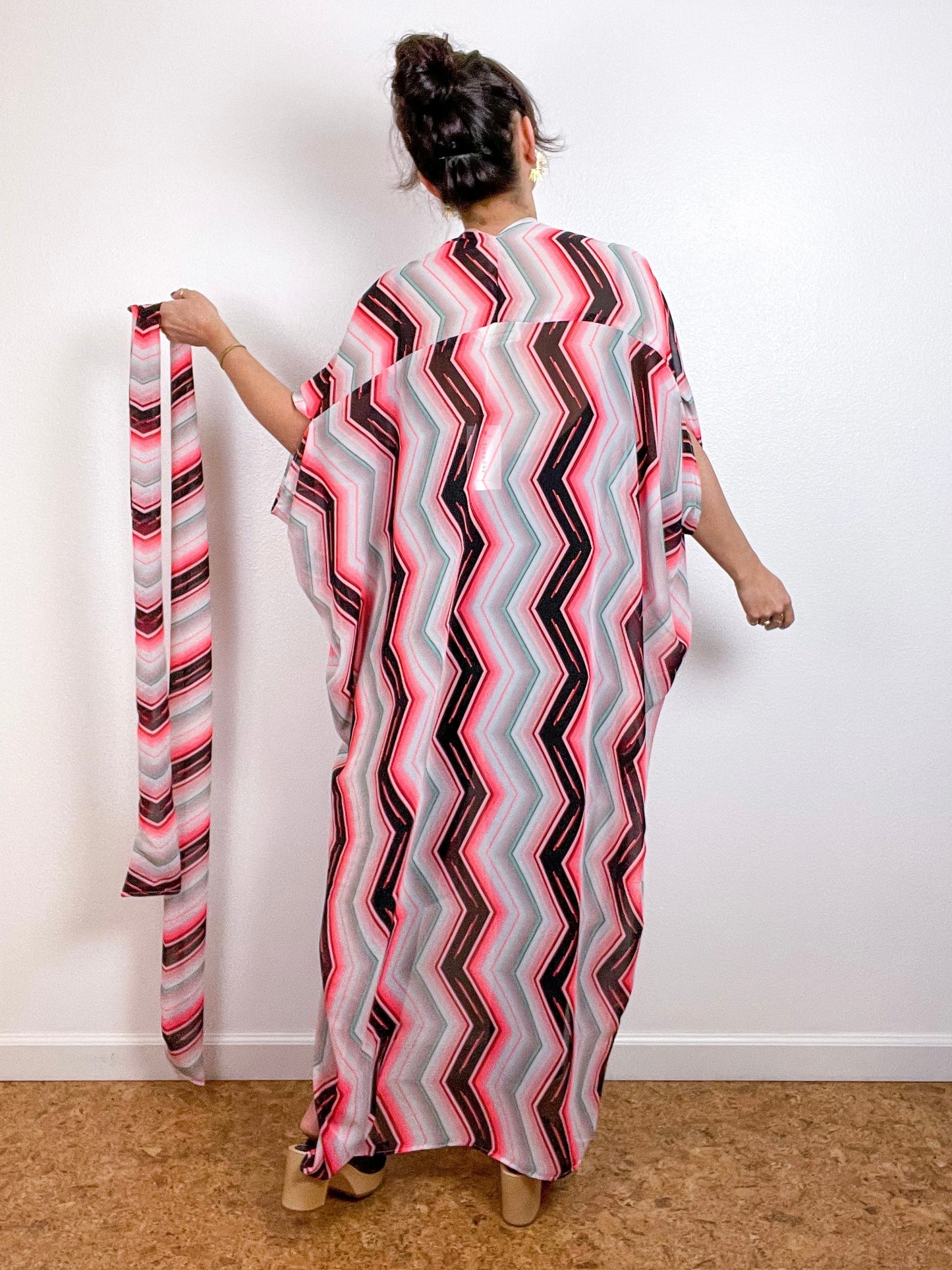 Print High Low Kimono Pink Chevron Chiffon