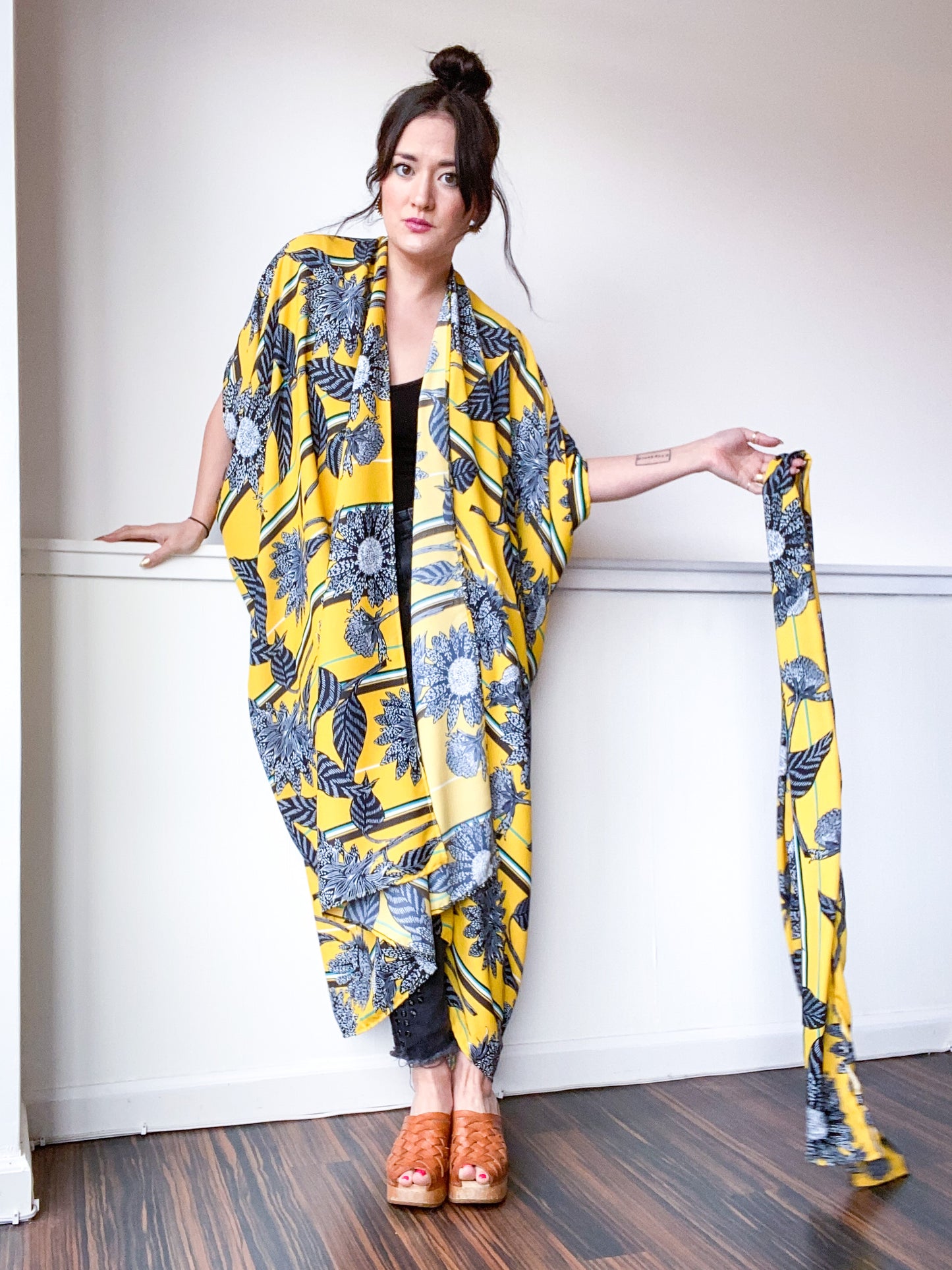 Print High Low Kimono Marigold Sunflower