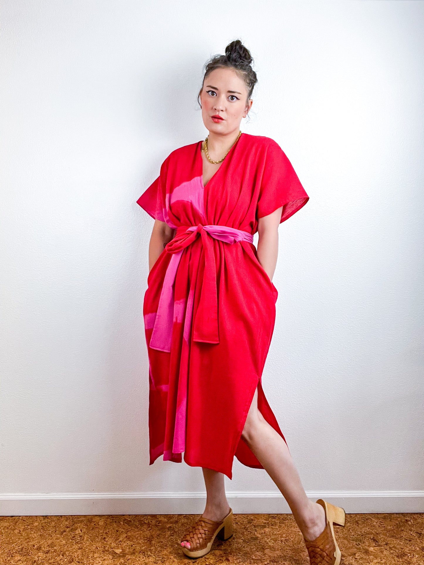 Single Gauze Midi Caftan Dress Fuchsia Scarlet Brushstrokes