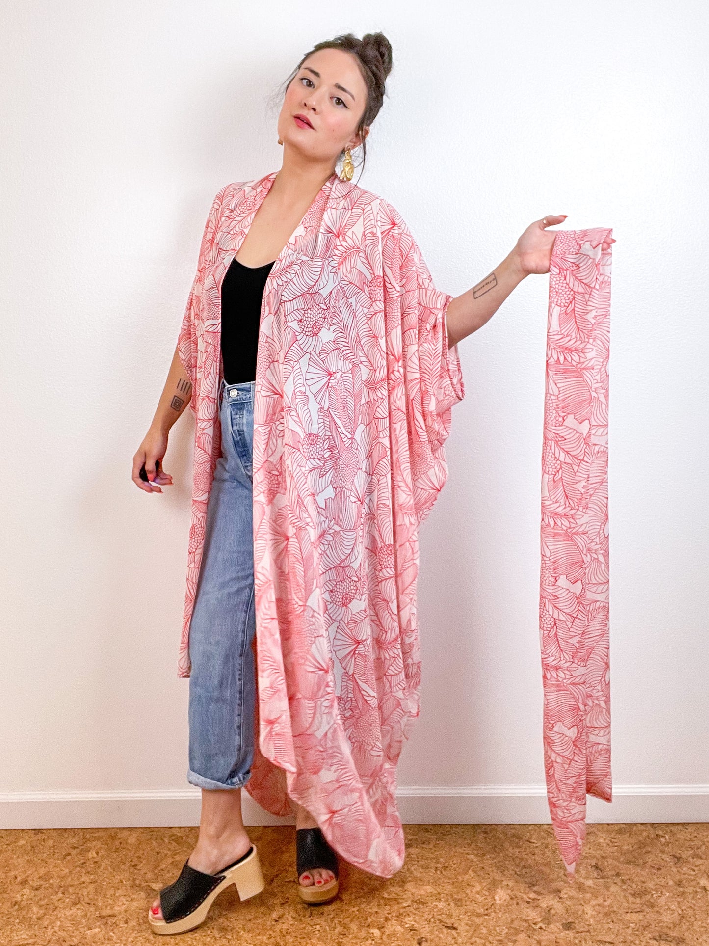 Print High Low Kimono Red Ivory Leaves Chiffon