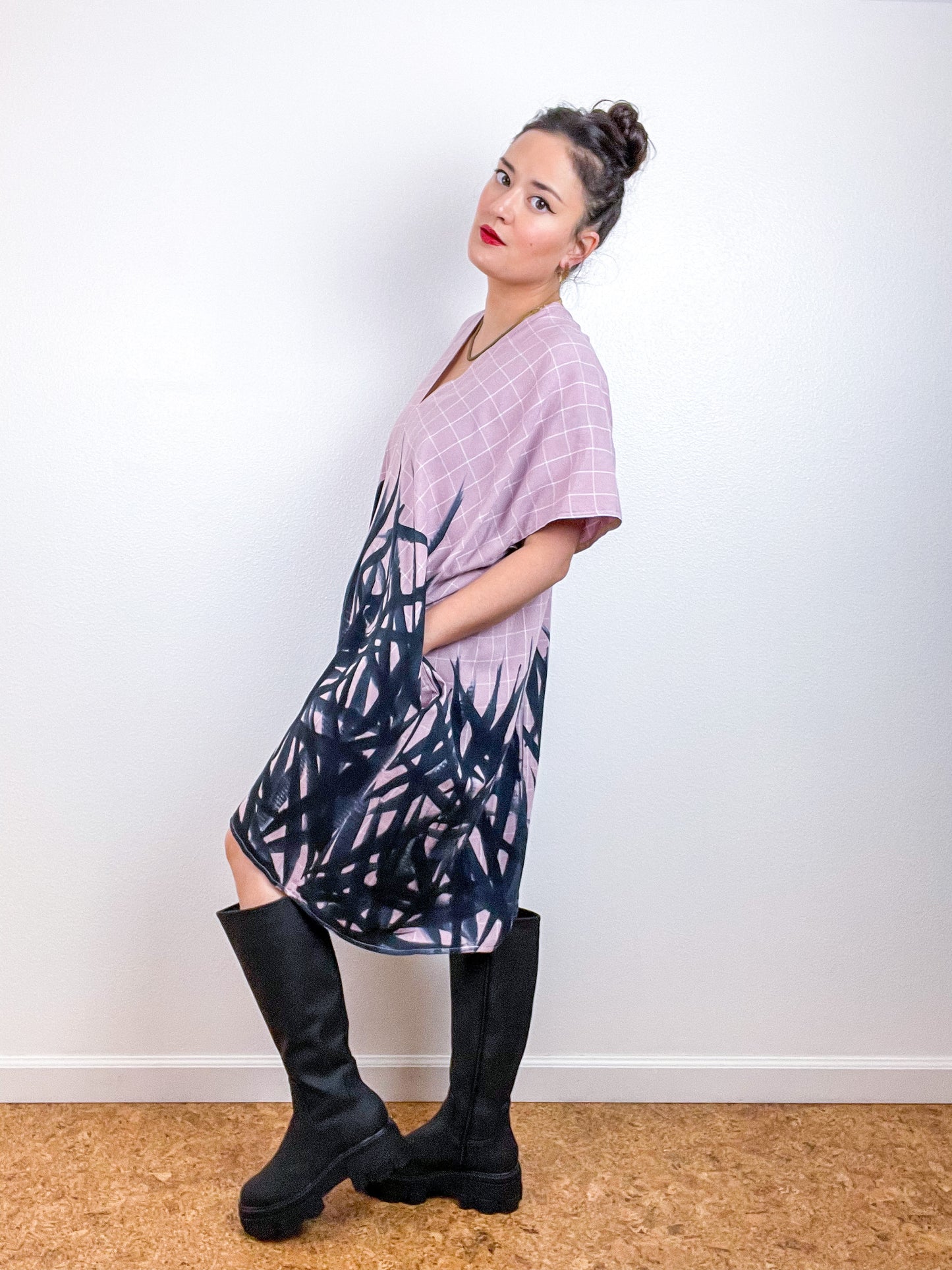 Disrupted Plaid Rayon Smock Dress Orchid X