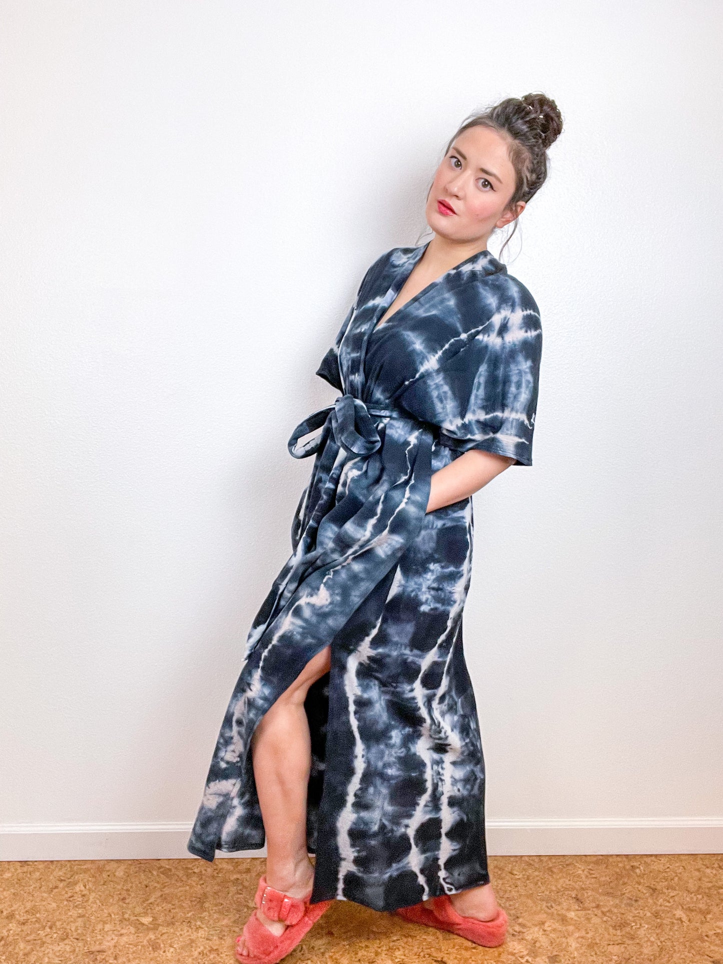 Single Gauze Duster Kimono Black Tie