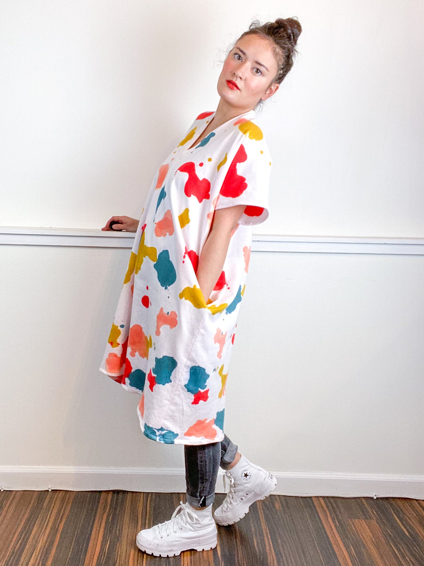 Hand-Dyed Sweatshirt Smock Dress Coral Kingfisher Scarlet Marigold