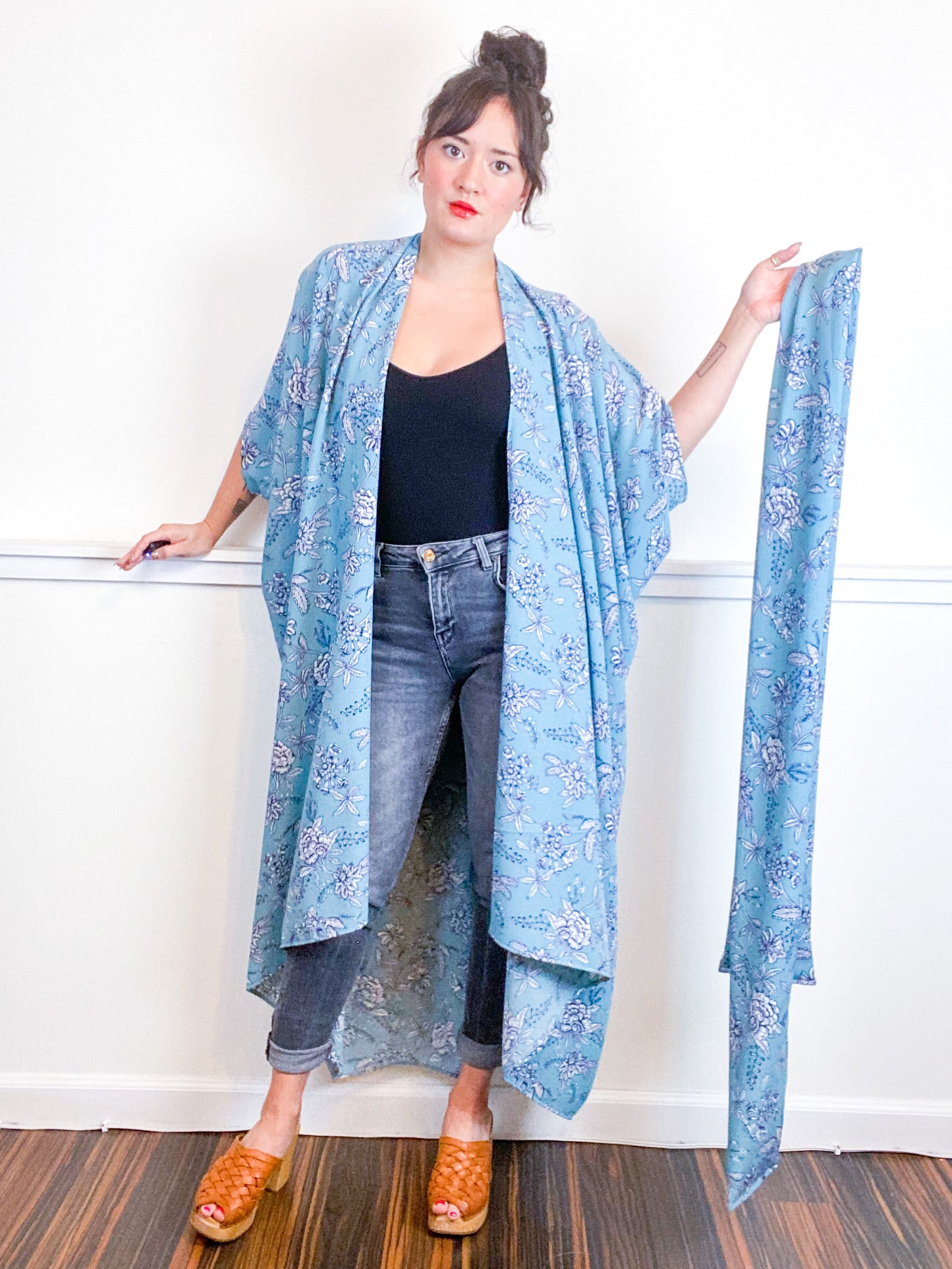 Print High Low Kimono Aqua Floral Bubble Crepe