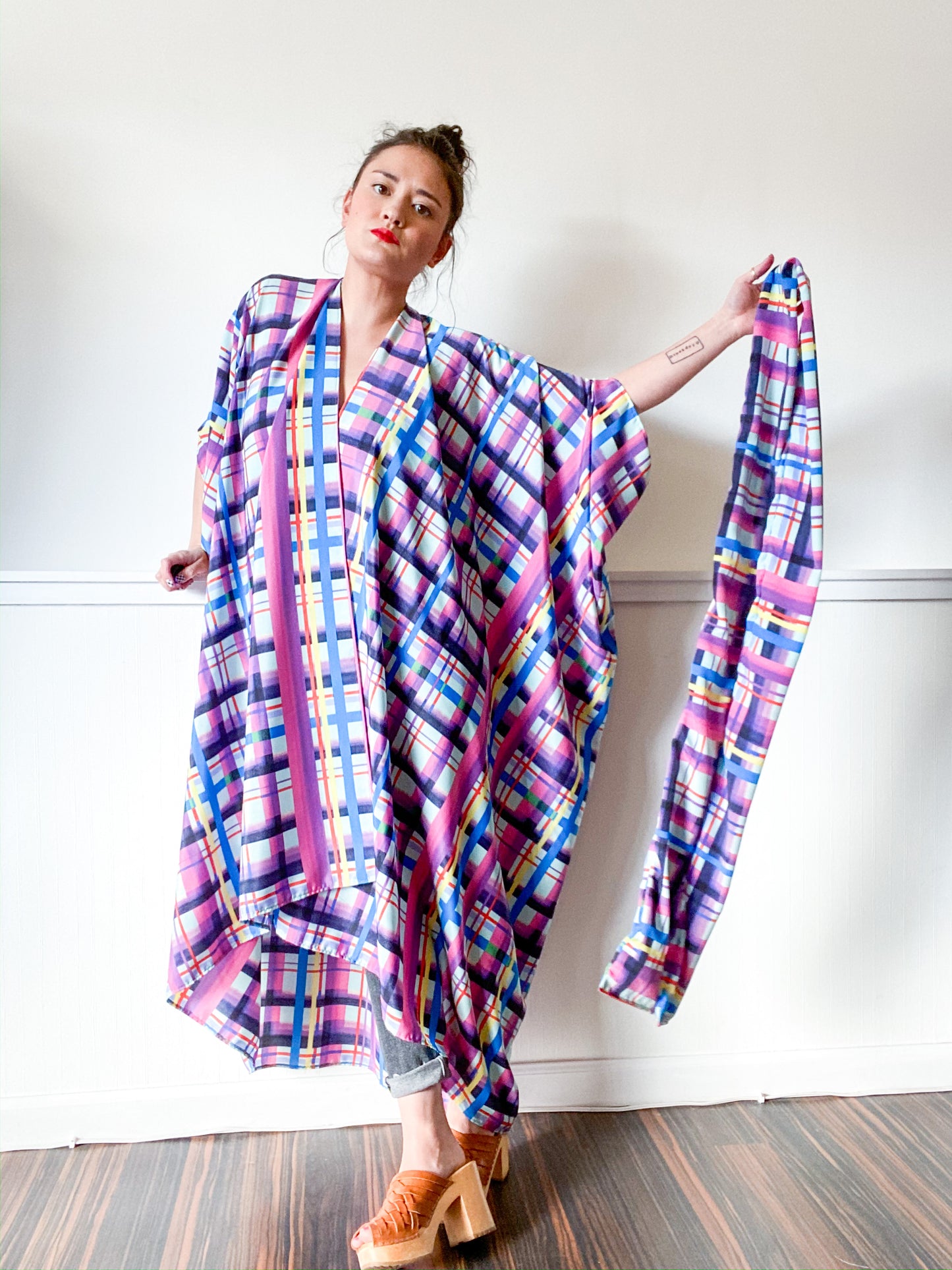 Print High Low Kimono Aqua Lilac Plaid