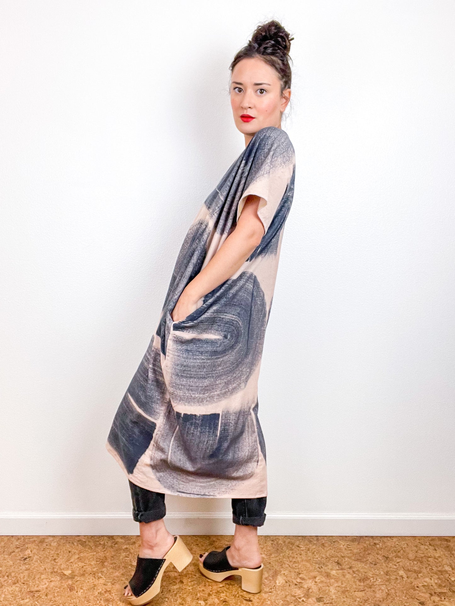 Hand-Dyed Flannel Smock Dress Blush Brushstrokes