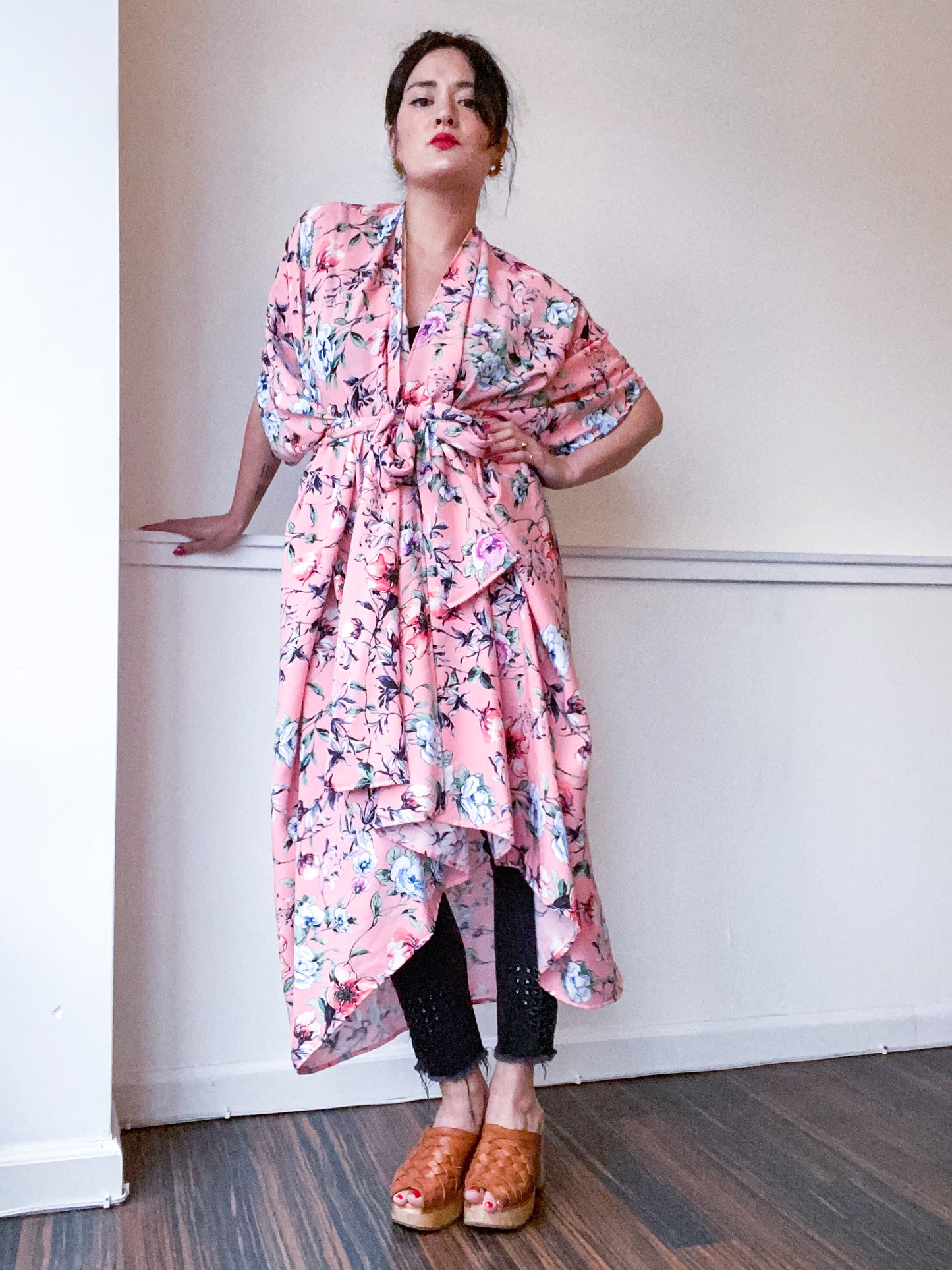 Print High Low Kimono Coral Gardenia Floral Rayon Challis