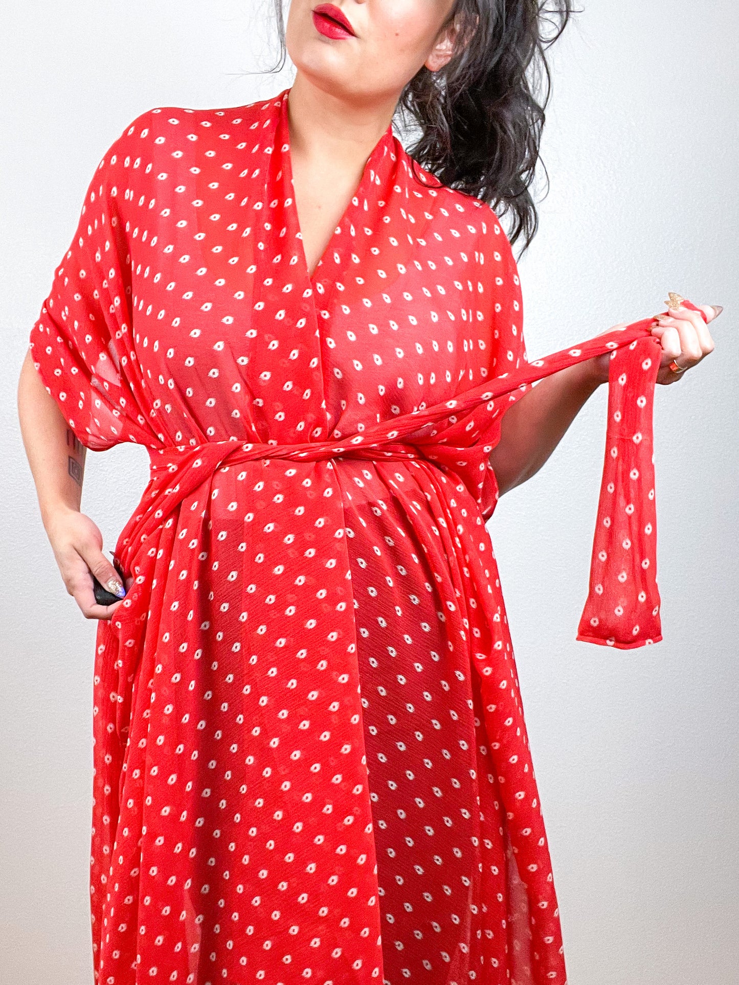 Print High Low Kimono Scarlet Circles Crinkle Chiffon