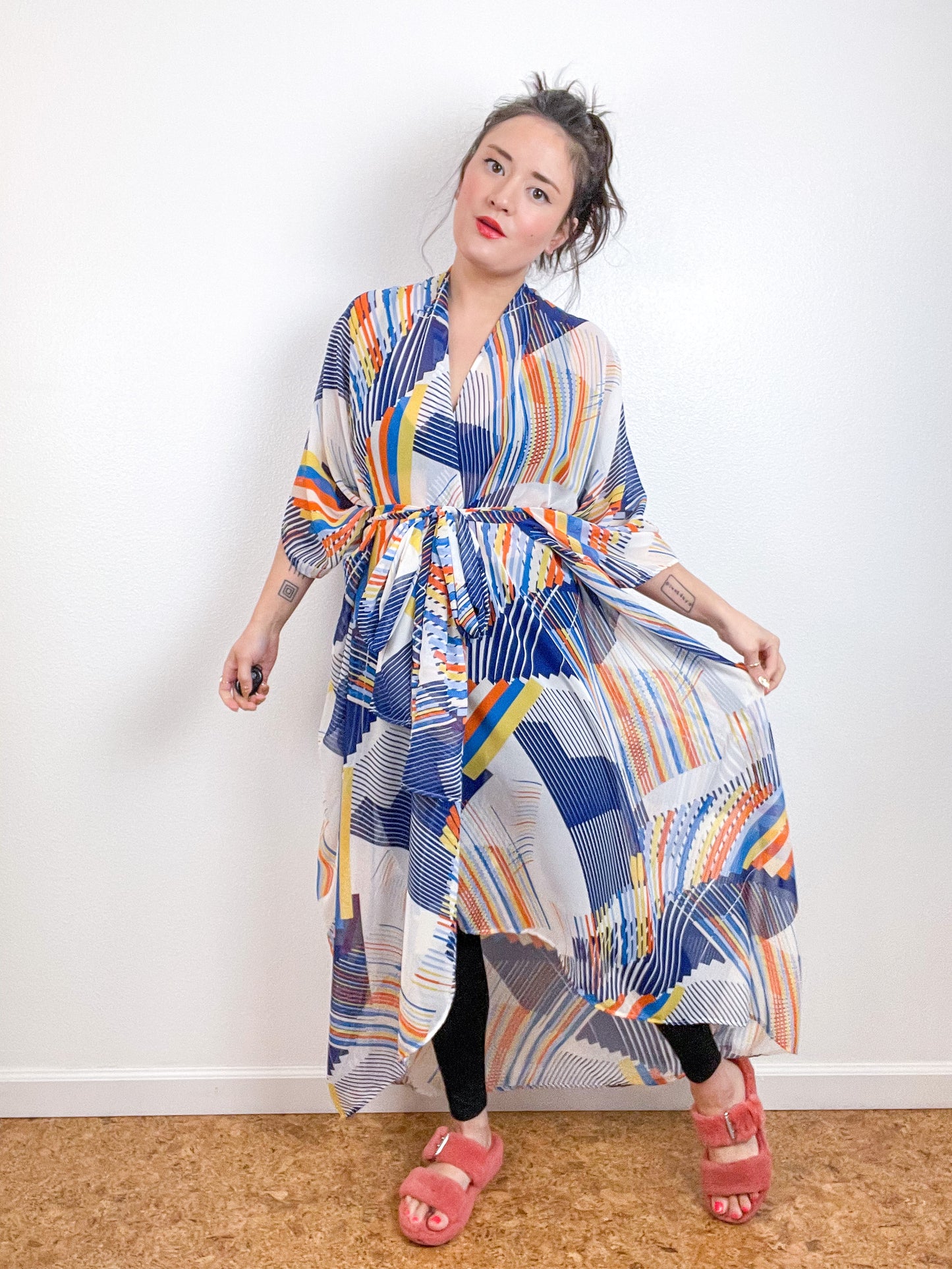 Print High Low Kimono Blue Orange Diagonals Chiffon