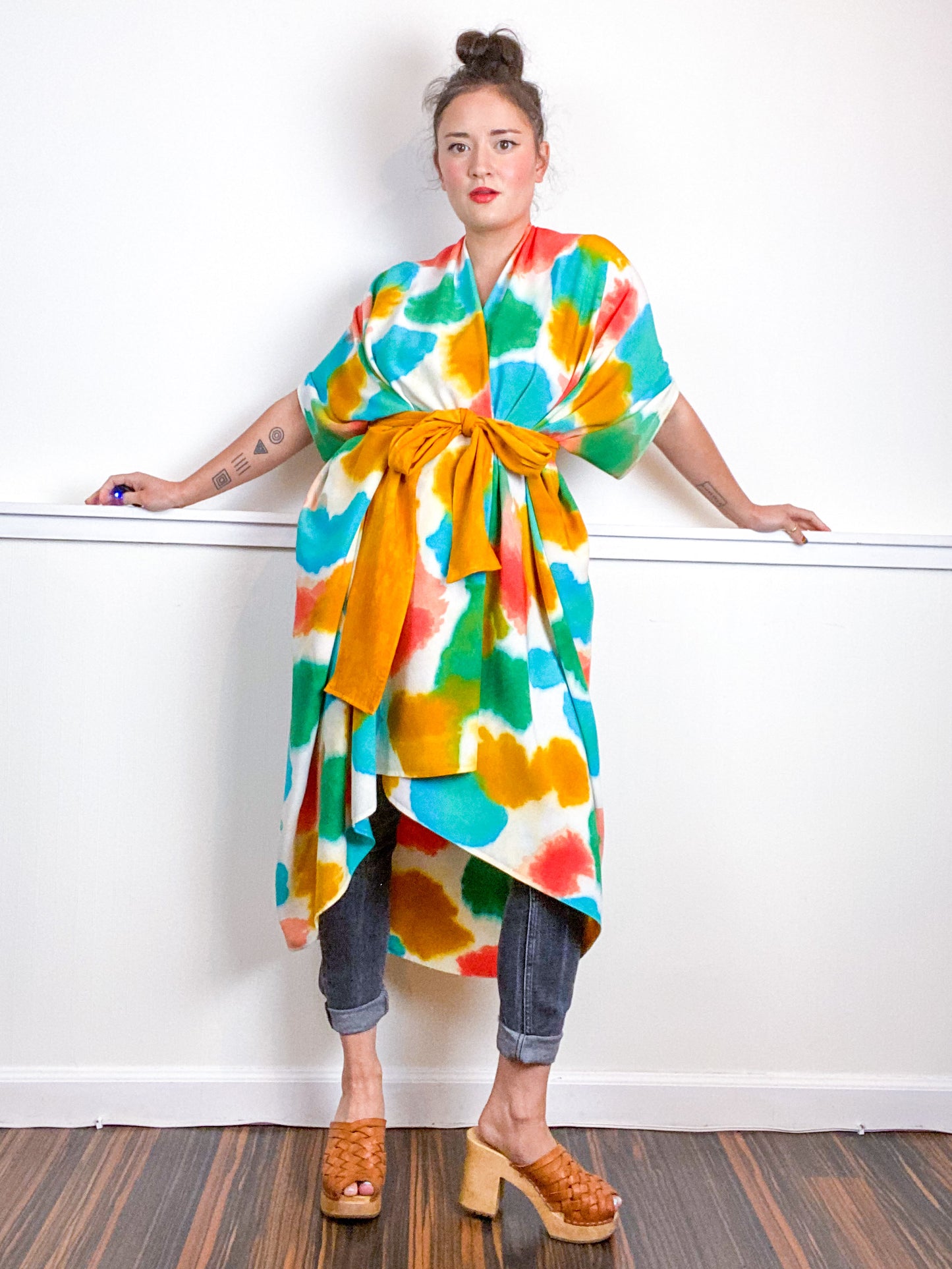 OOAK Hand-Dyed High Low Kimono Marigold Coral Emerald Parakeet Inkblot