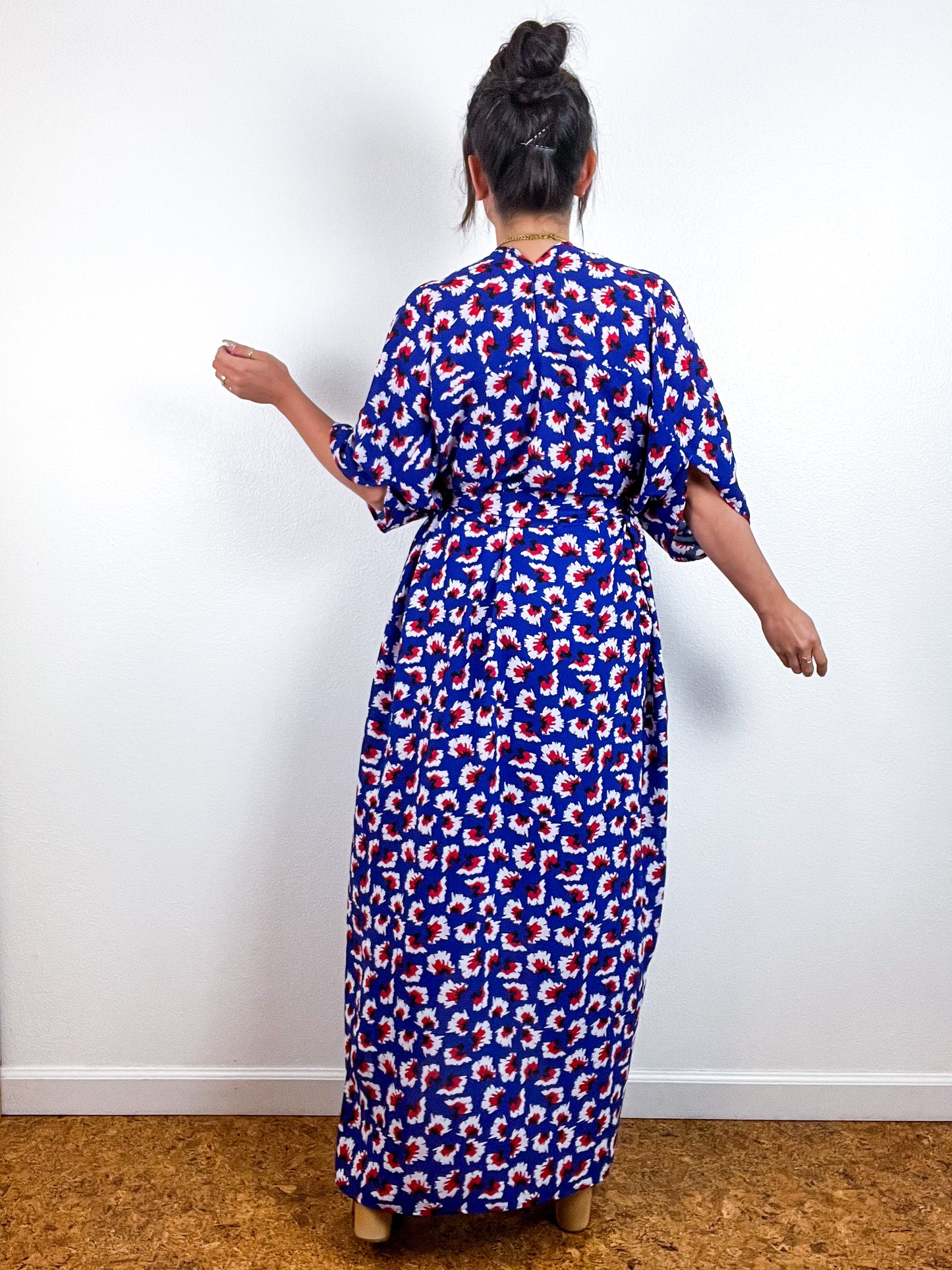 Print High Low Kimono Blue Red Burst Georgette