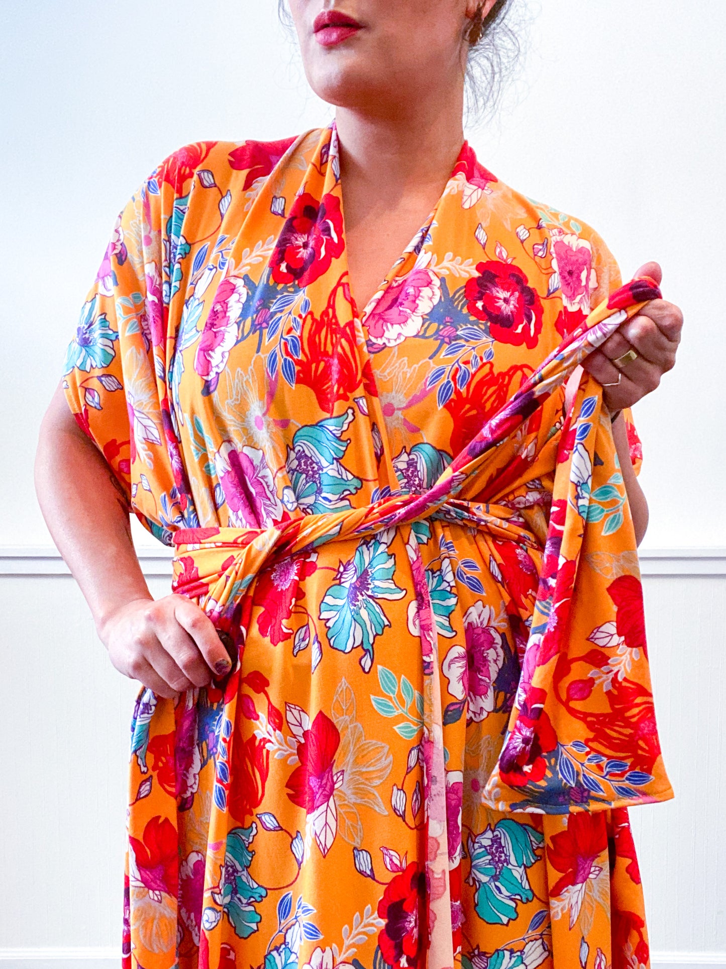 Print High Low Kimono Goldenrod Floral Knit