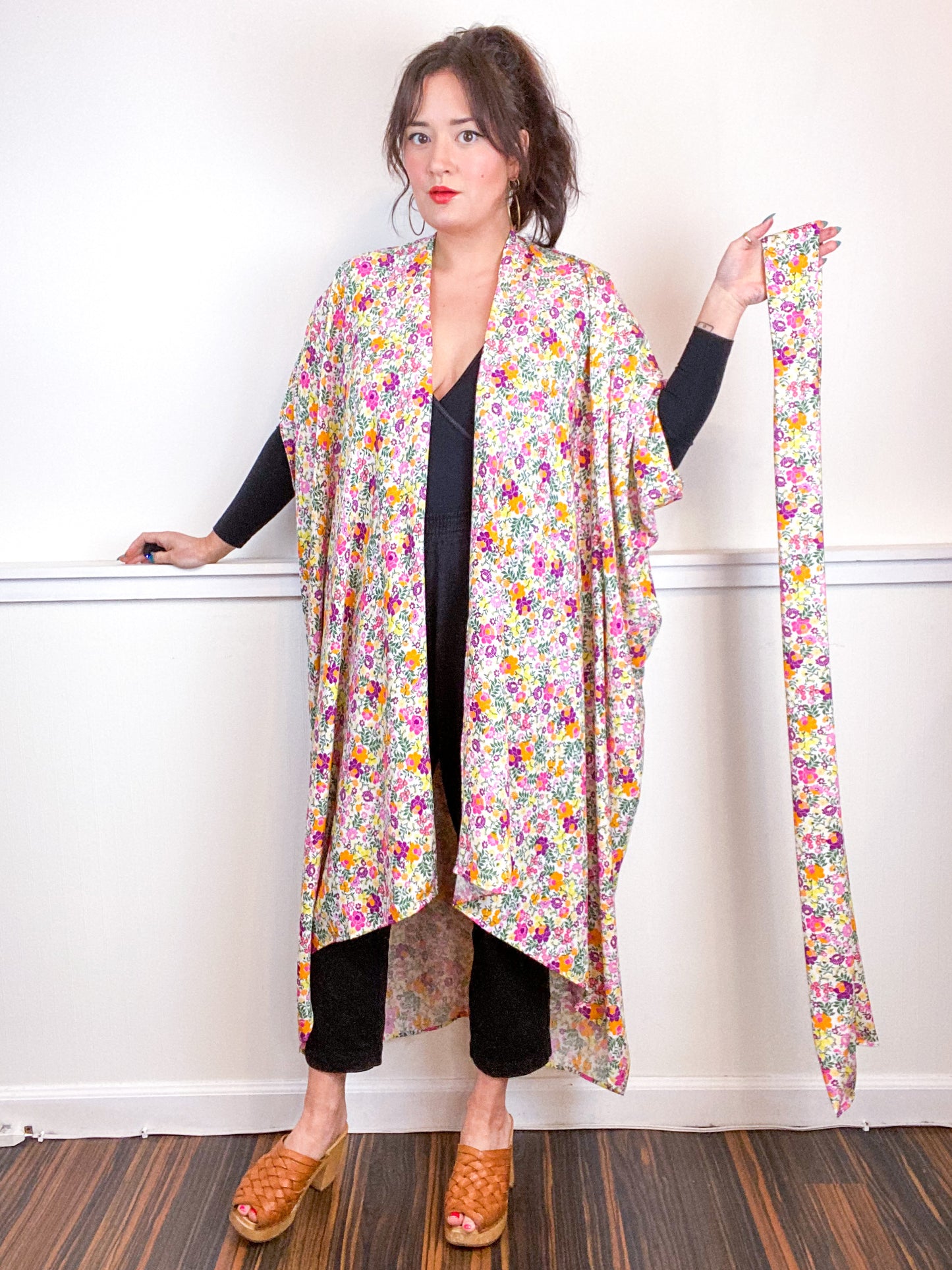 Print High Low Kimono White Mini Floral Rayon Challis