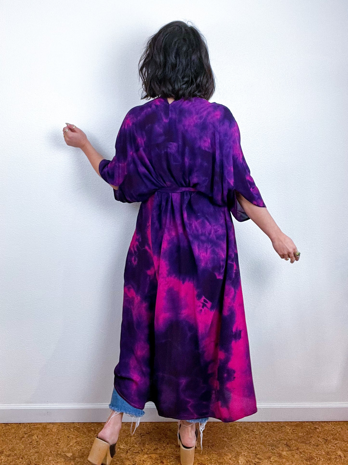 Hand-Dyed High Low Kimono Fuchsia Purple Tie