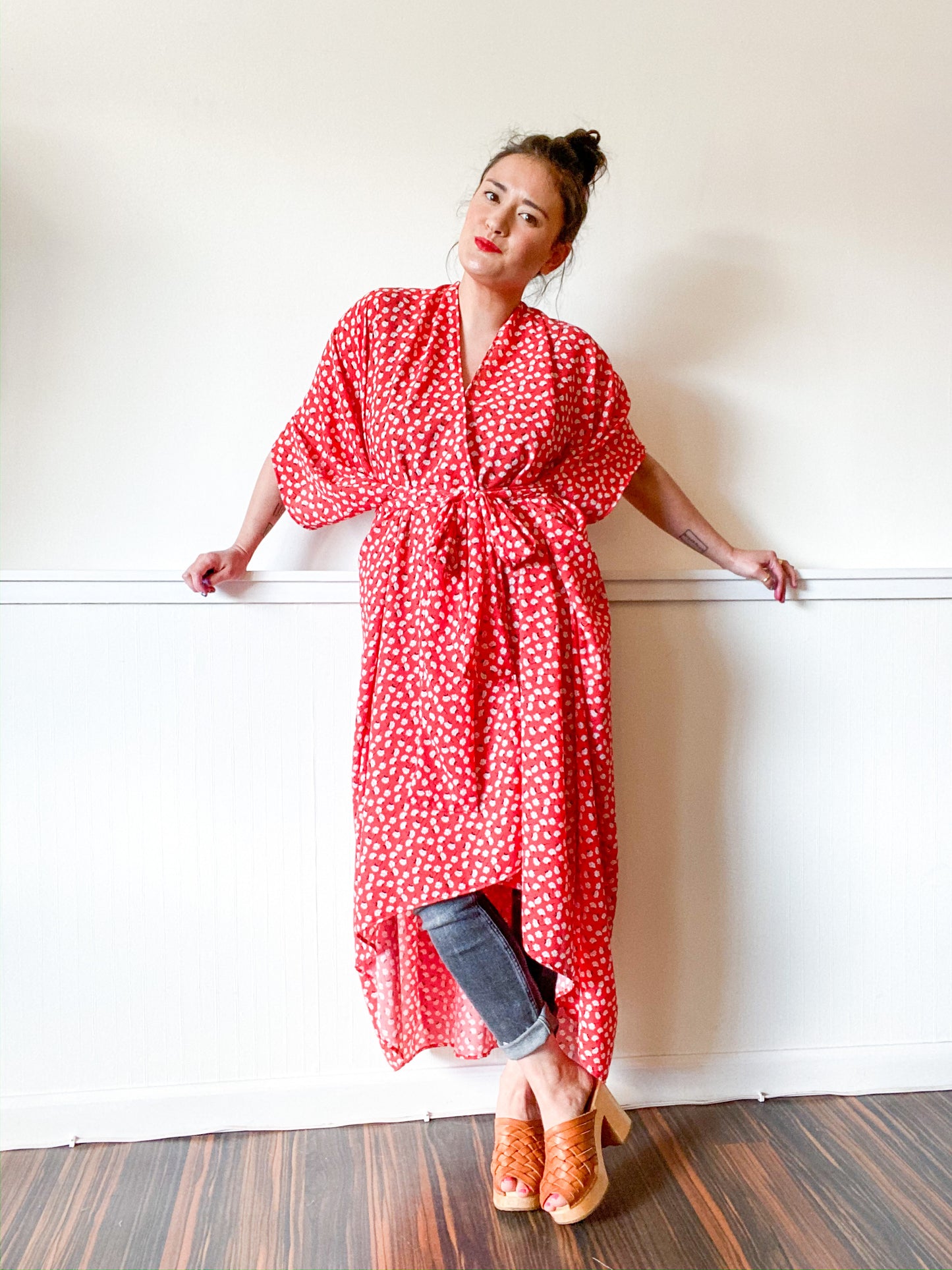 Print High Low Kimono Red Mini Floral